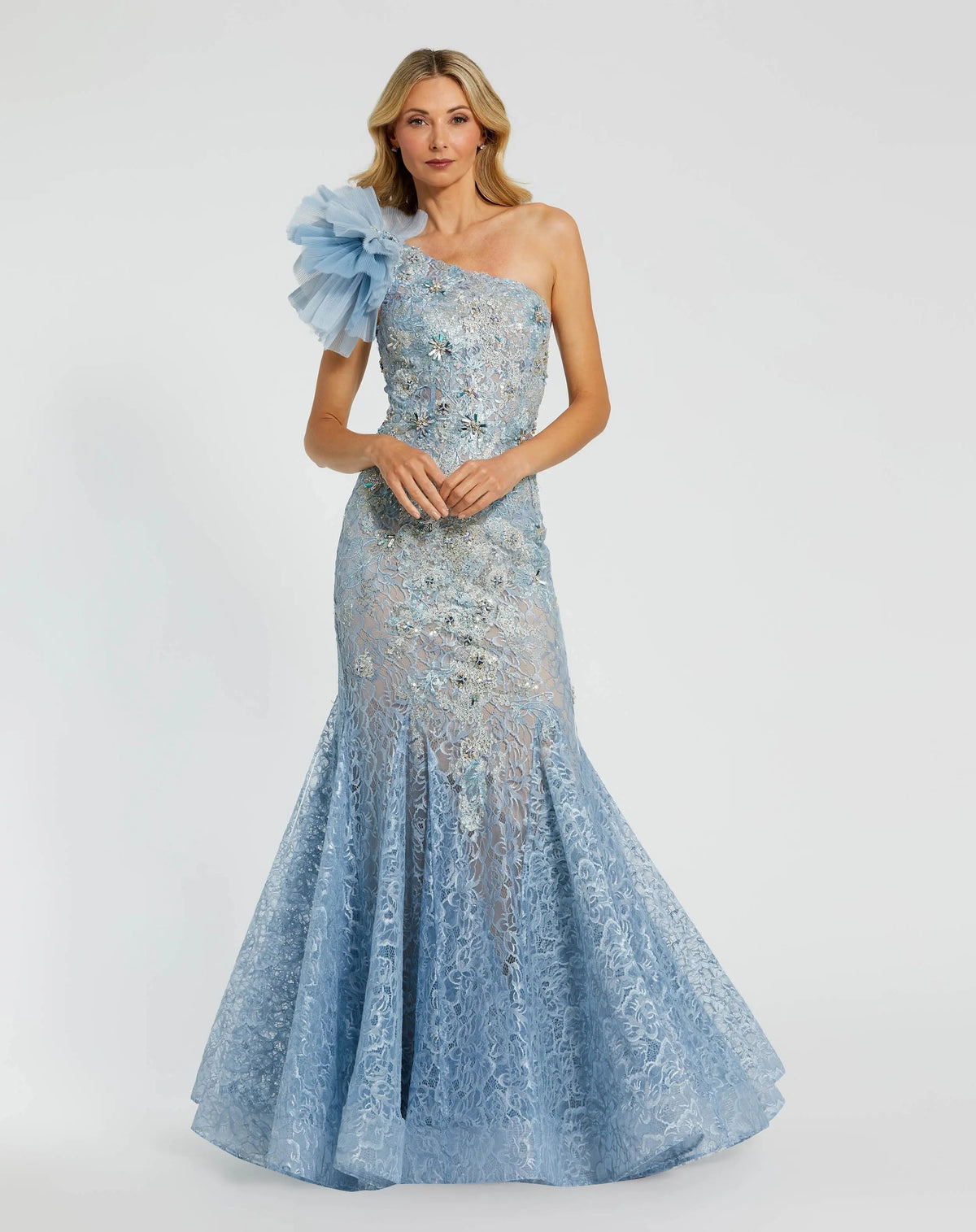 Women's Blue Dress - Black Lace One-Shoulder