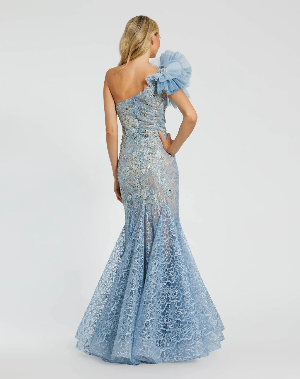 Women's Blue Dress - Black Lace One-Shoulder