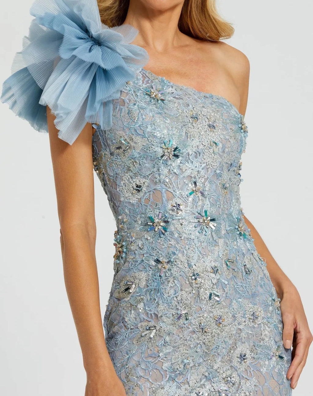 Women's Blue Dress - Black Lace One-Shoulder