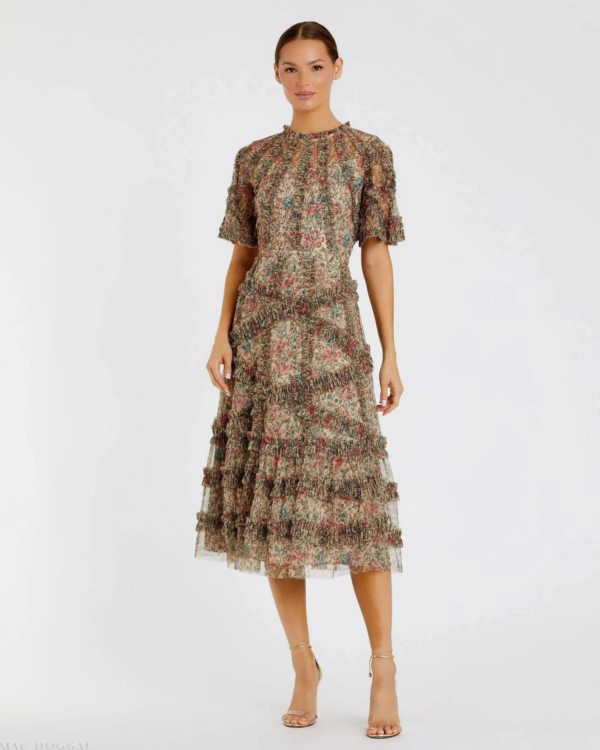 Women's Beige Midi Dress Floral - Beige Ruffle Mesh