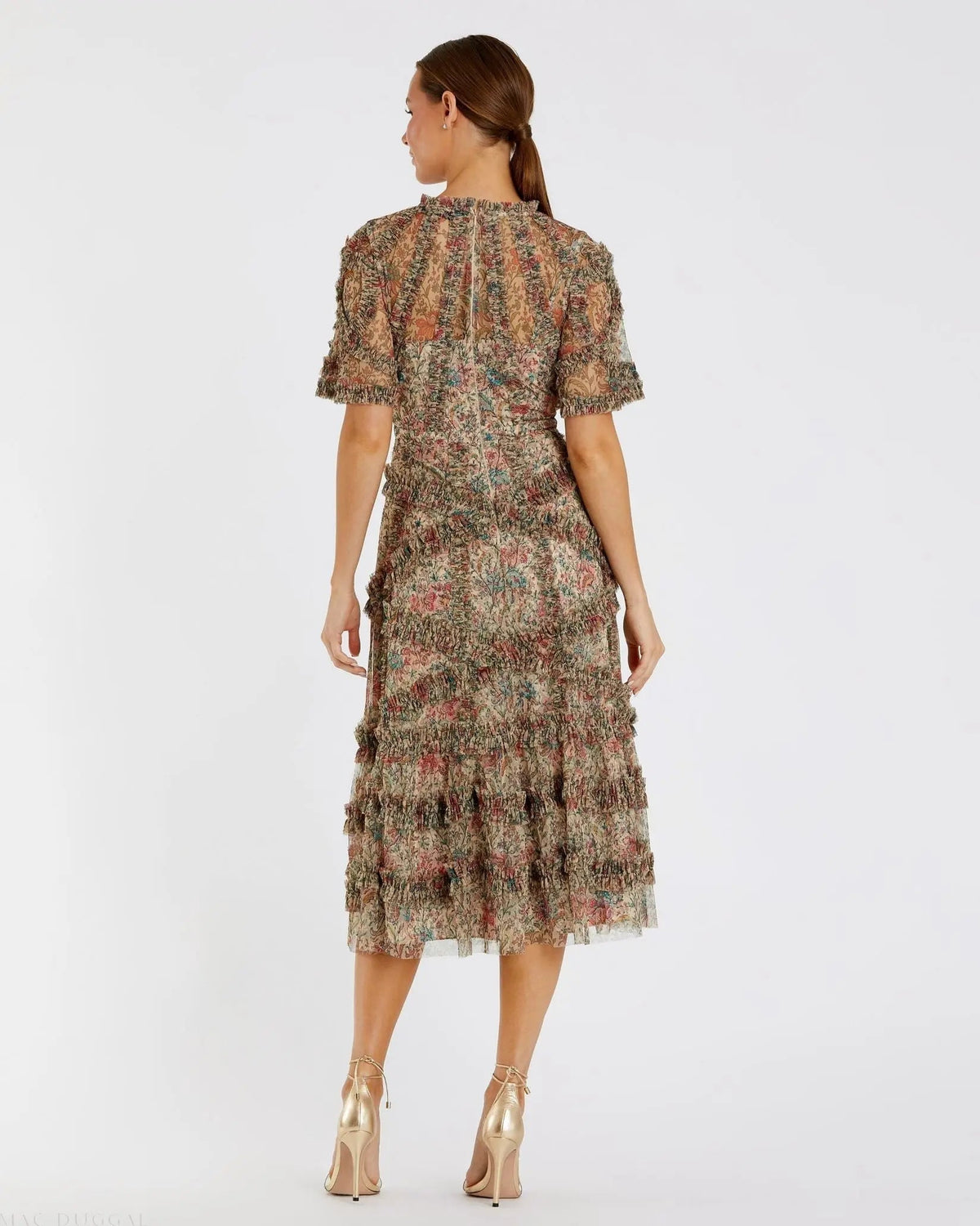 Women's Beige Midi Dress Floral - Beige Ruffle Mesh