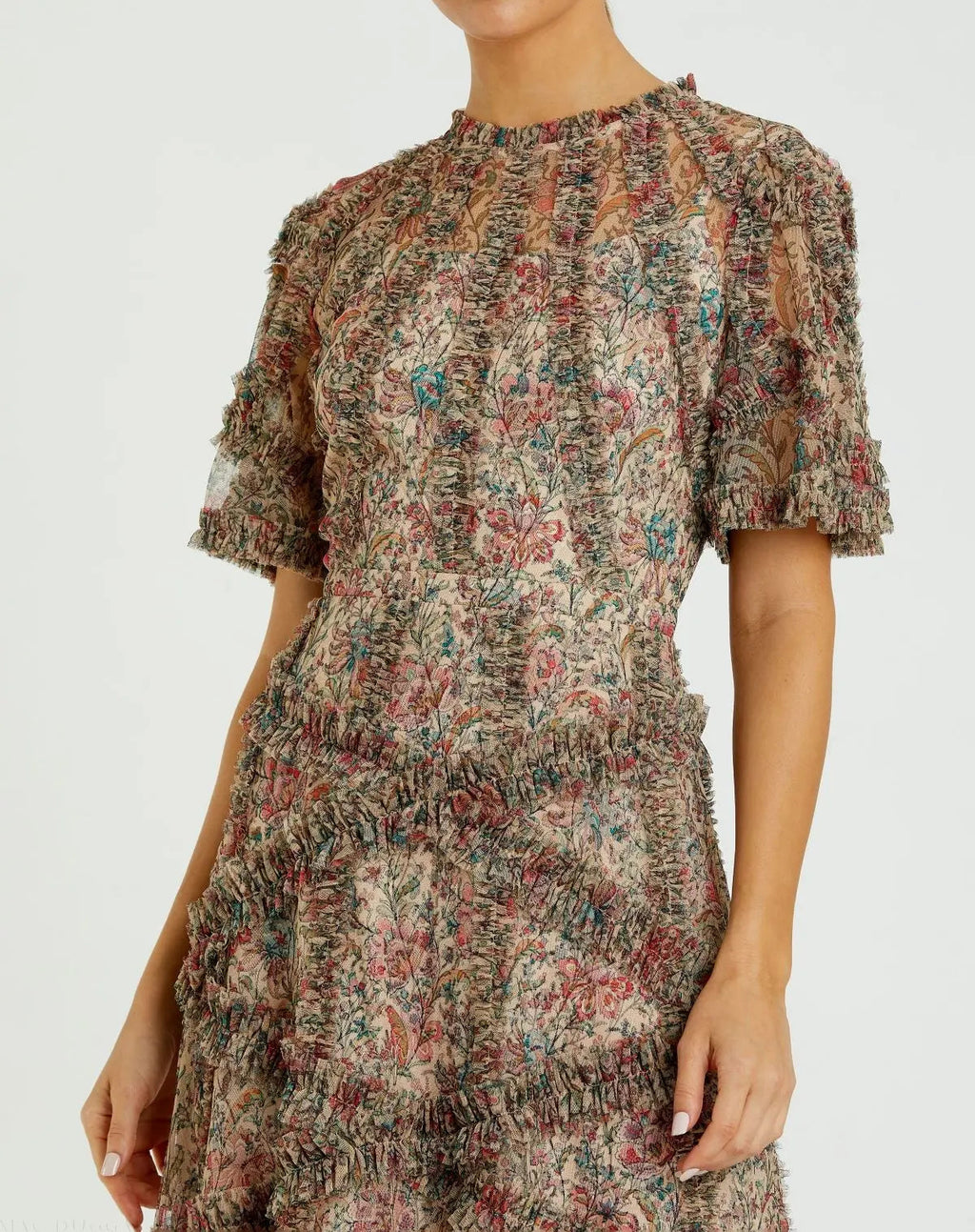 Women's Beige Midi Dress Floral - Beige Ruffle Mesh