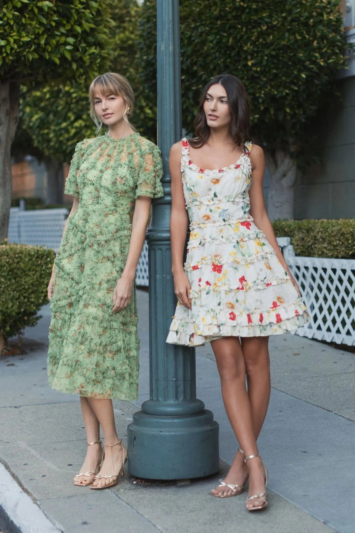 Women's Green Midi Dress Floral - Green Ruffle Mesh
