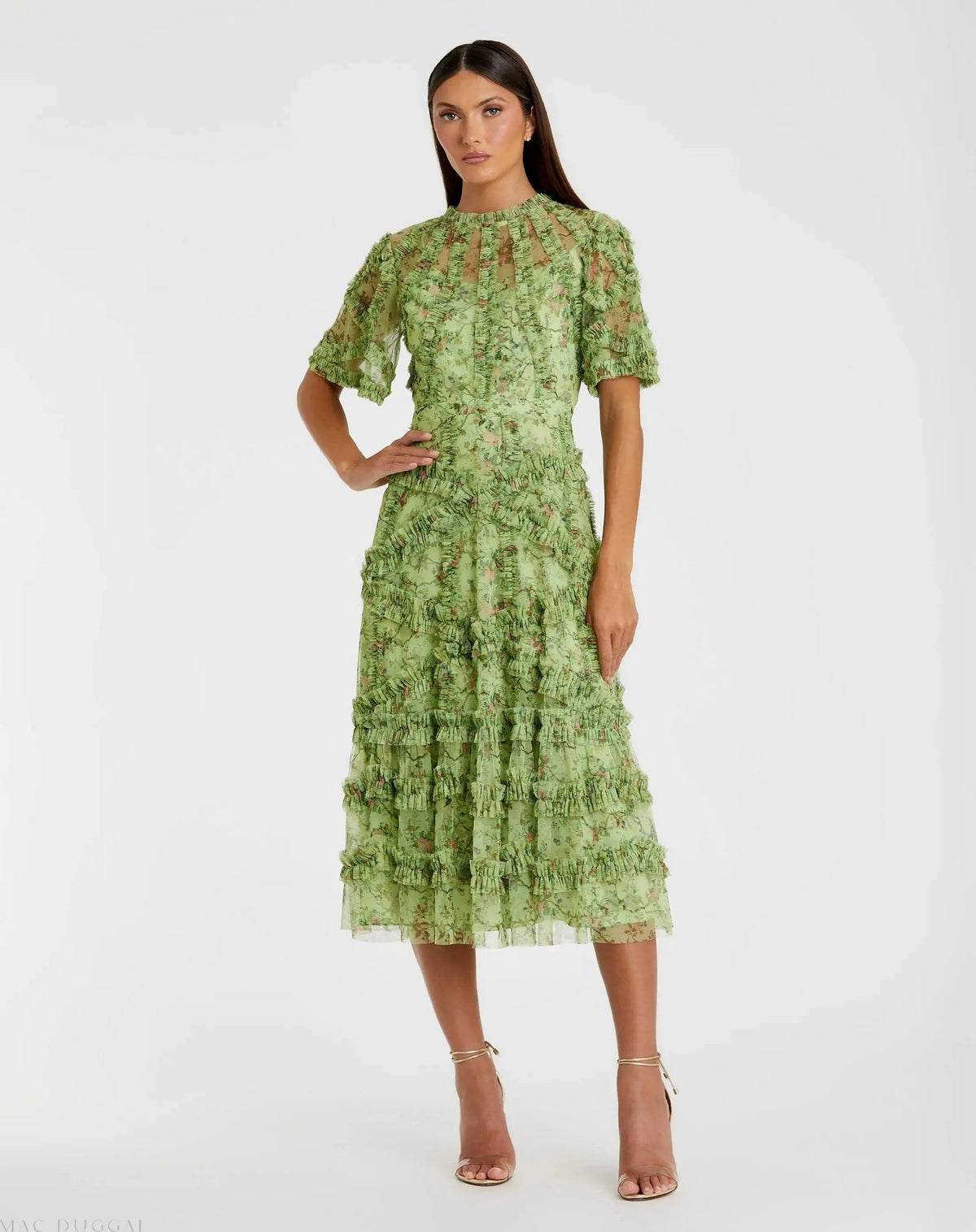 Women's Green Midi Dress Floral - Green Ruffle Mesh