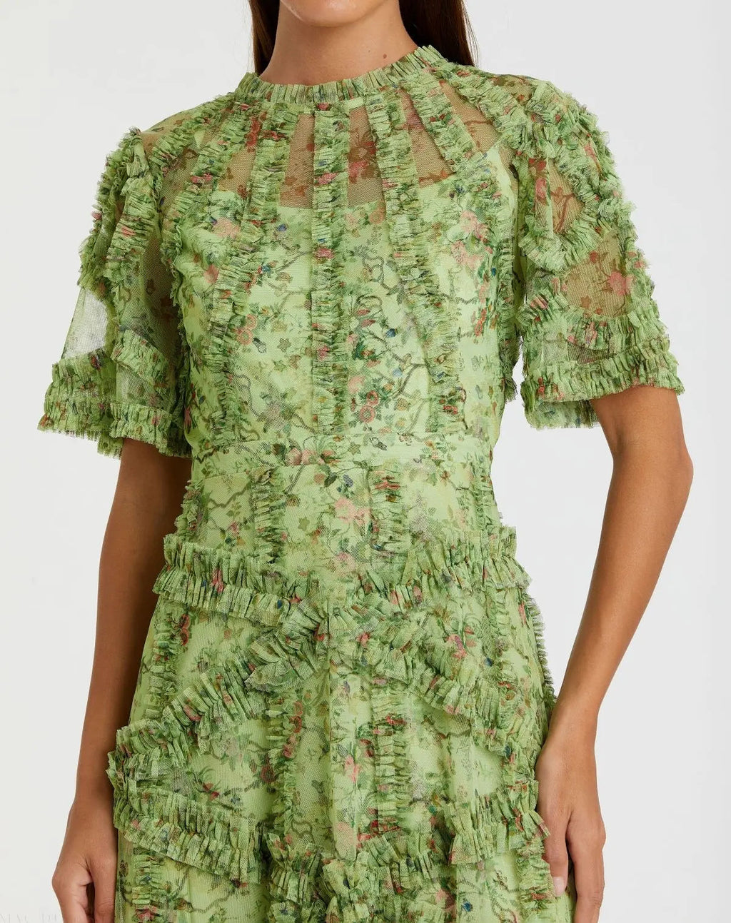 Women's Green Midi Dress Floral - Green Ruffle Mesh