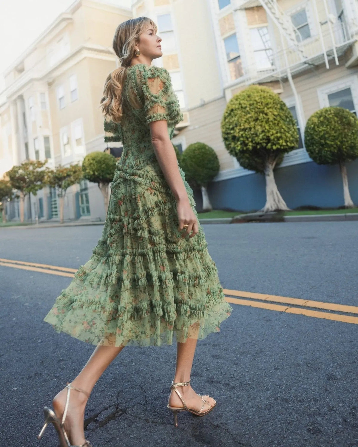Women's Green Midi Dress Floral - Green Ruffle Mesh