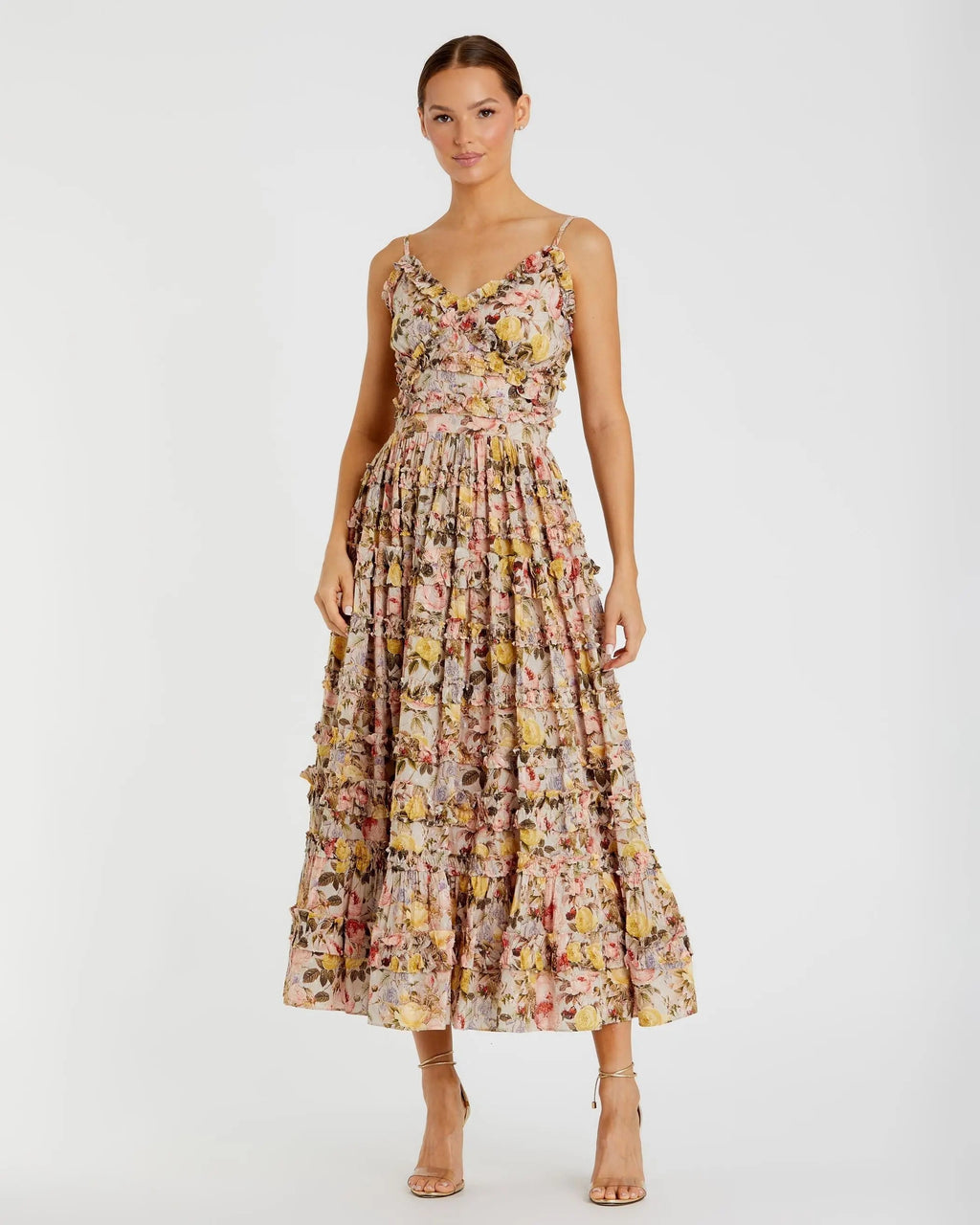 Women's Beige Midi Dress Floral - Beige Ruffle