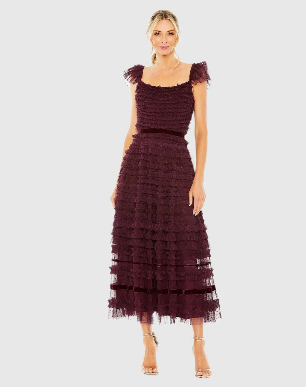 Women's Purple Midi Dress - Purple Ruffle Velvet
