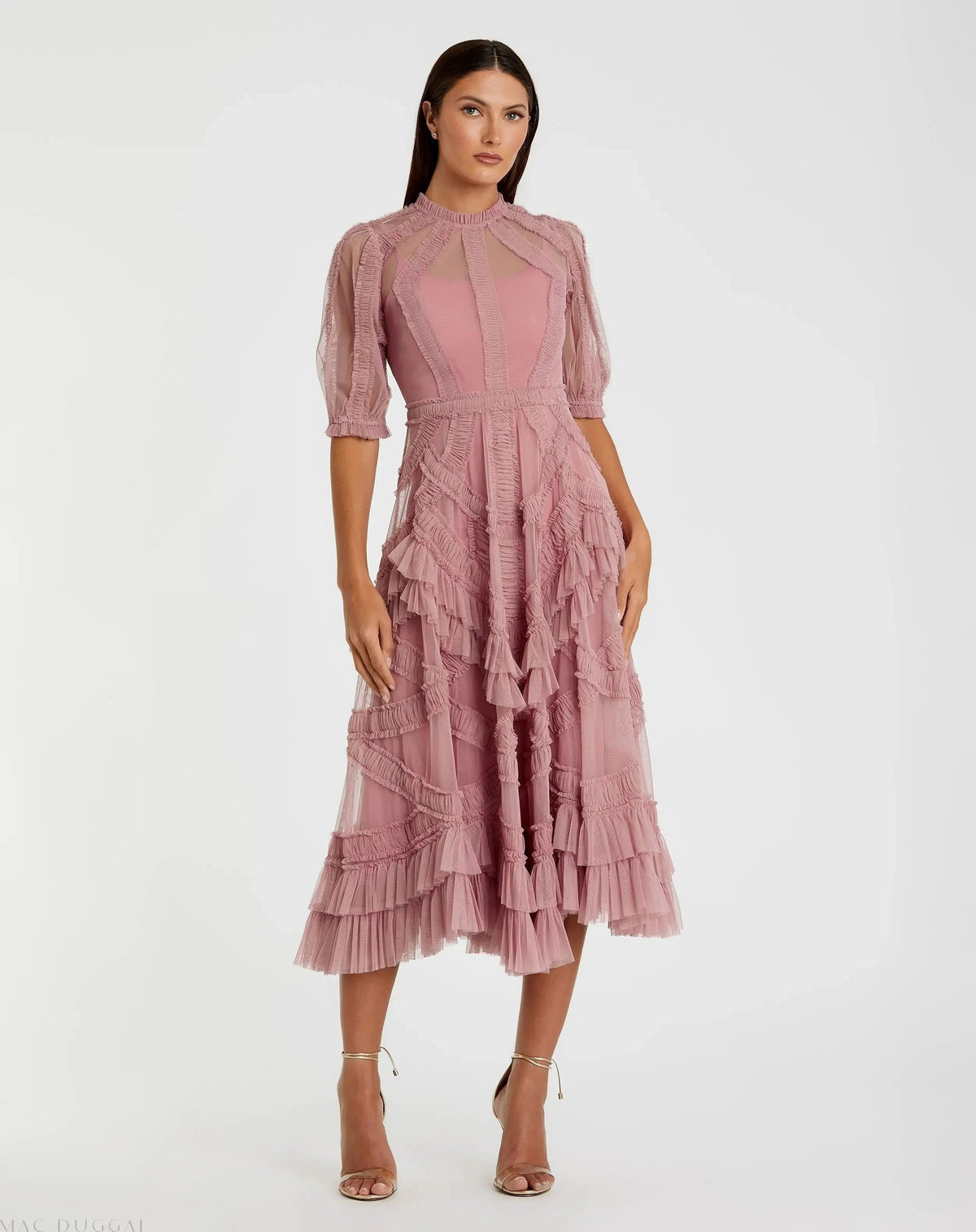 Women's Pink Midi Dress - Pink Ruffle Mesh