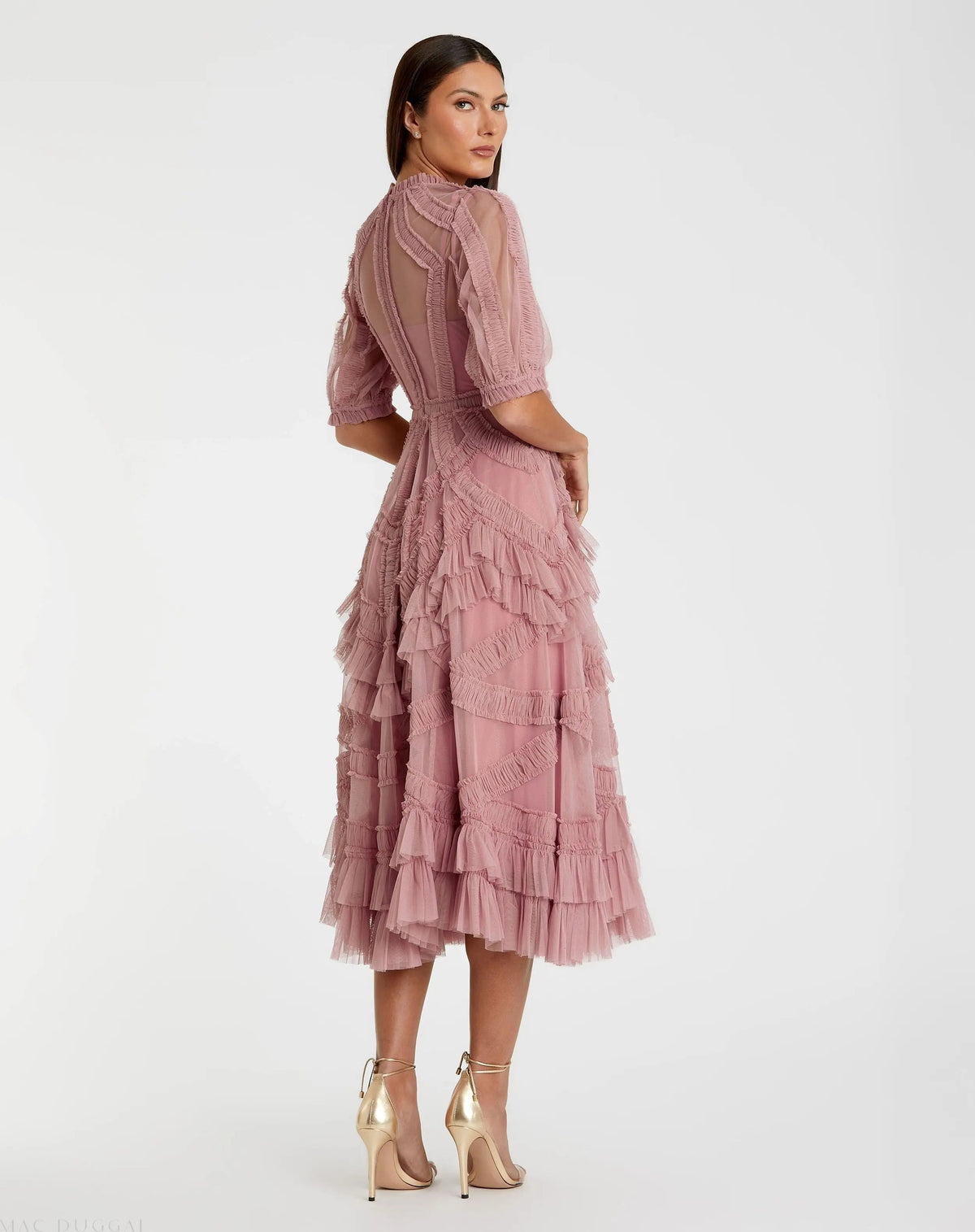 Women's Pink Midi Dress - Pink Ruffle Mesh