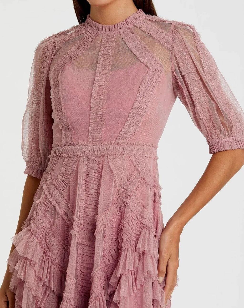 Women's Pink Midi Dress - Pink Ruffle Mesh