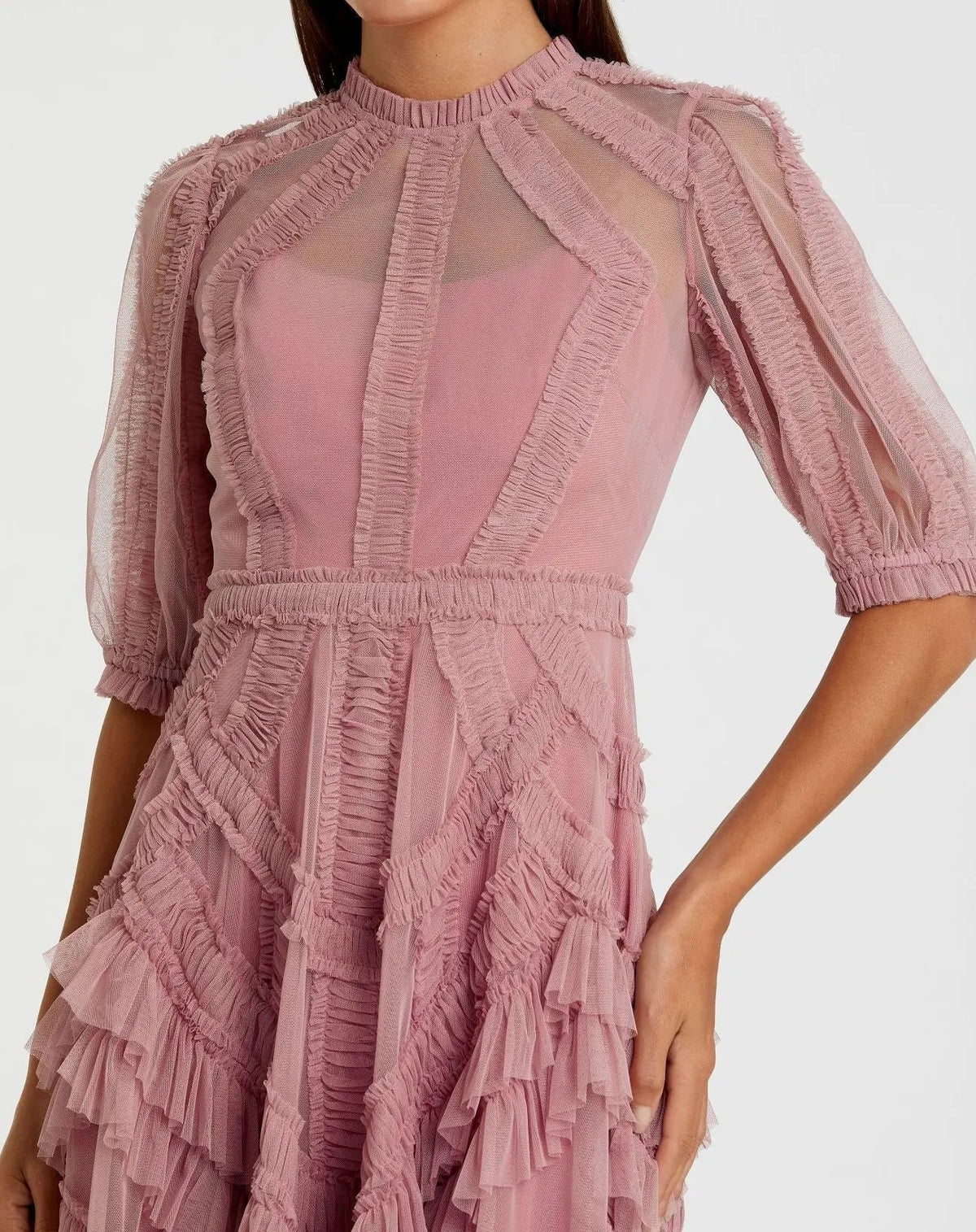 Women's Pink Midi Dress - Pink Ruffle Mesh
