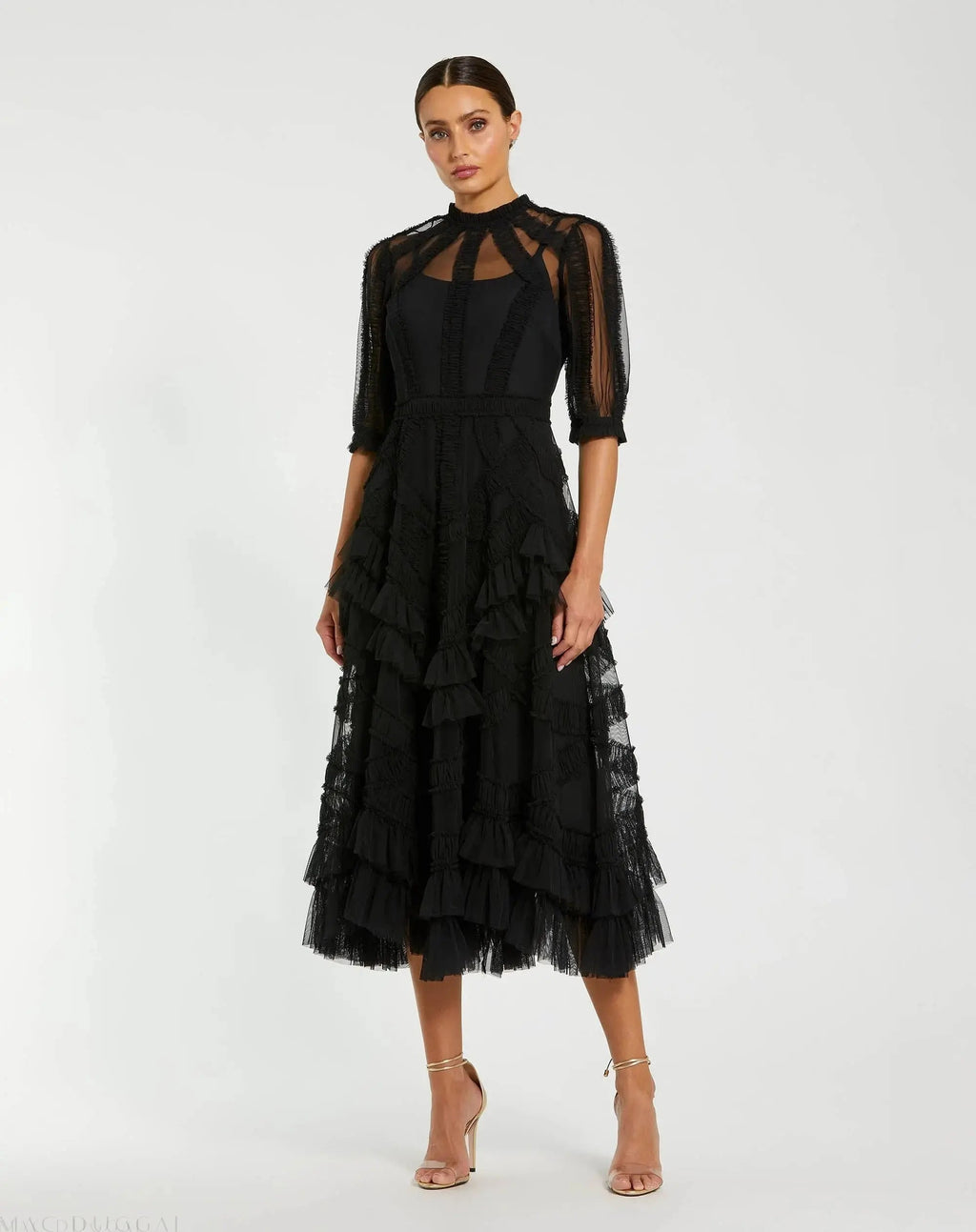 Women's Black Midi Dress - Black Ruffle Mesh