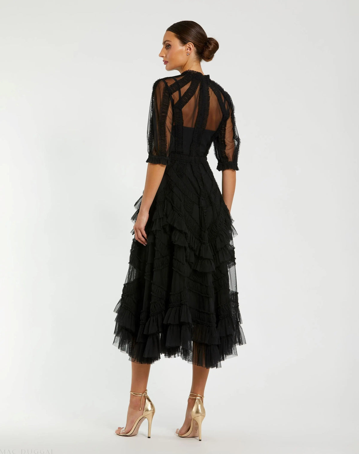 Women's Black Midi Dress - Black Ruffle Mesh