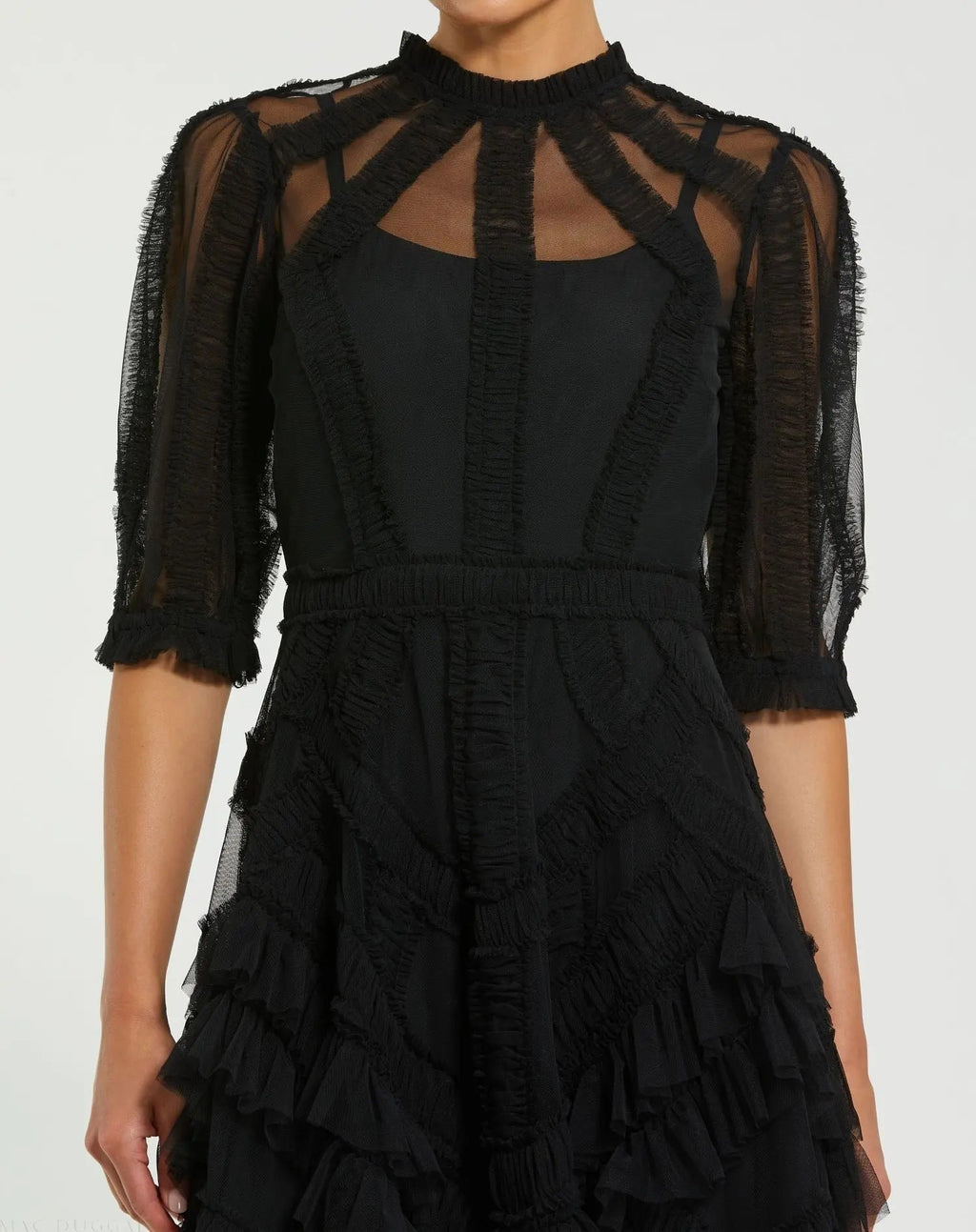 Women's Black Midi Dress - Black Ruffle Mesh