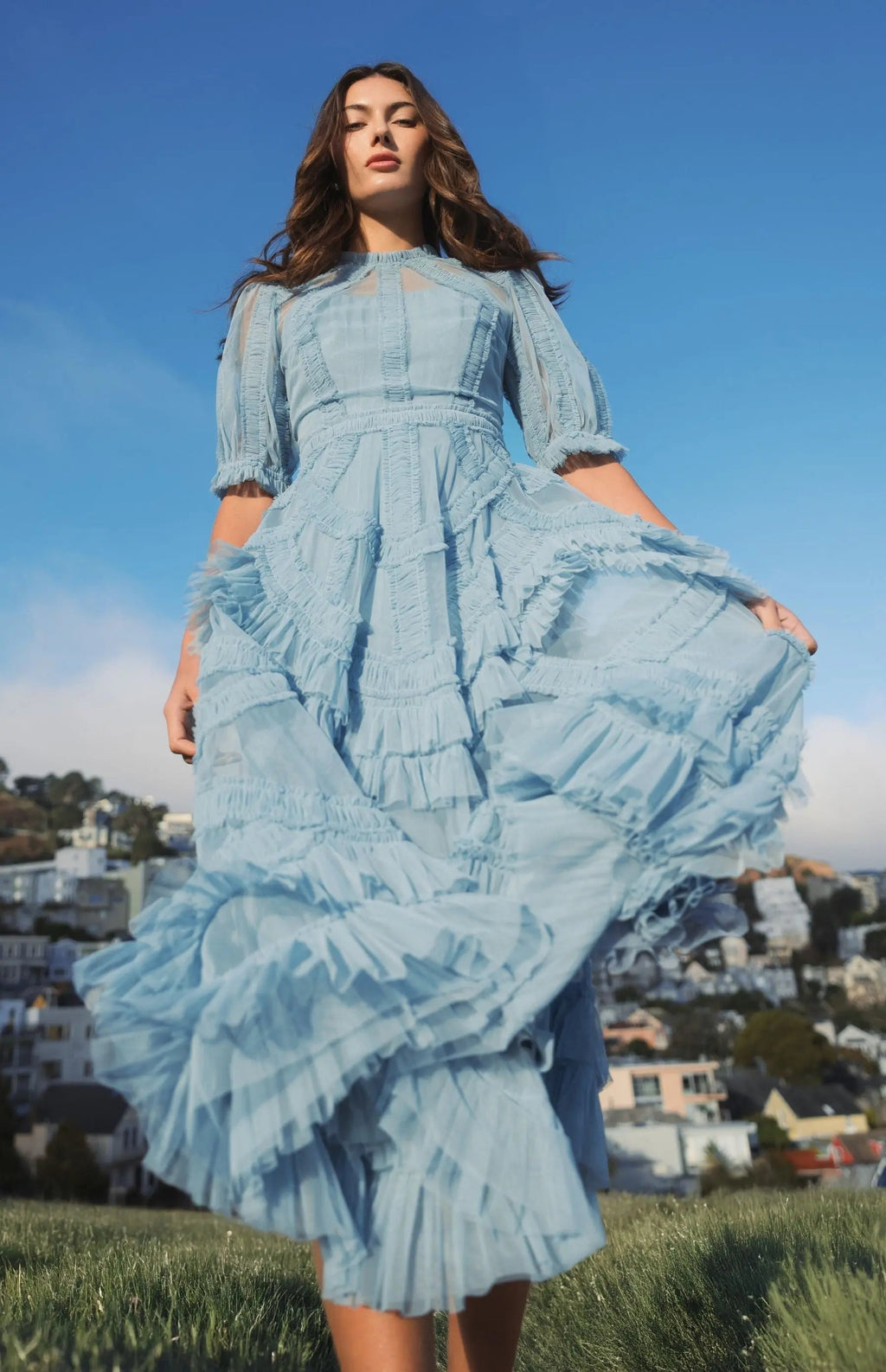Women's Blue Midi Dress - Blue Lace Ruffle