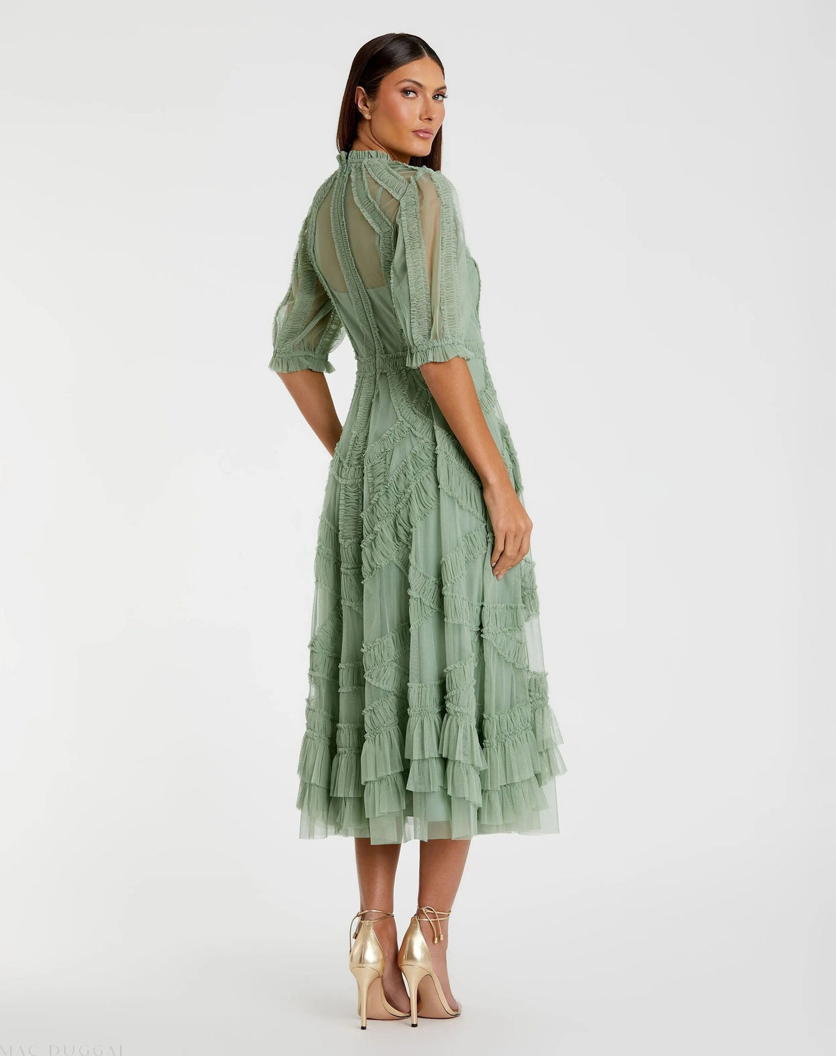 Women's Green Midi Dress - Green Ruffle Mesh
