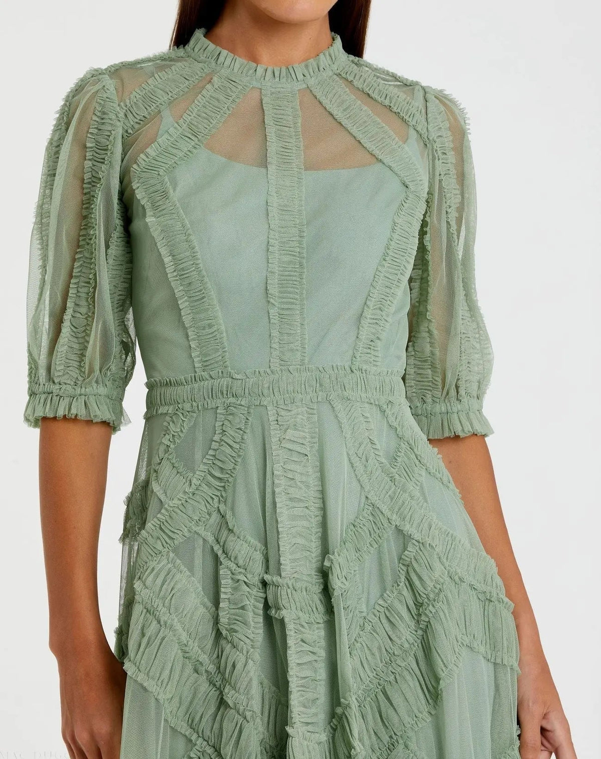 Women's Green Midi Dress - Green Ruffle Mesh