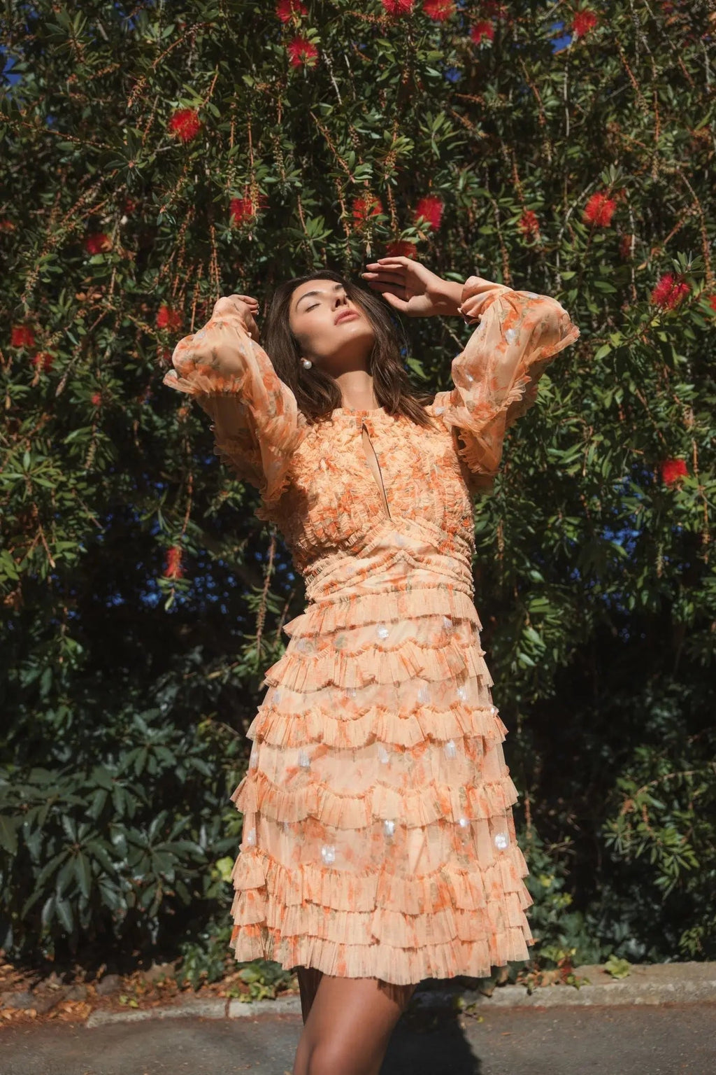 Women's Orange Dress - Orange Ruffle Mesh