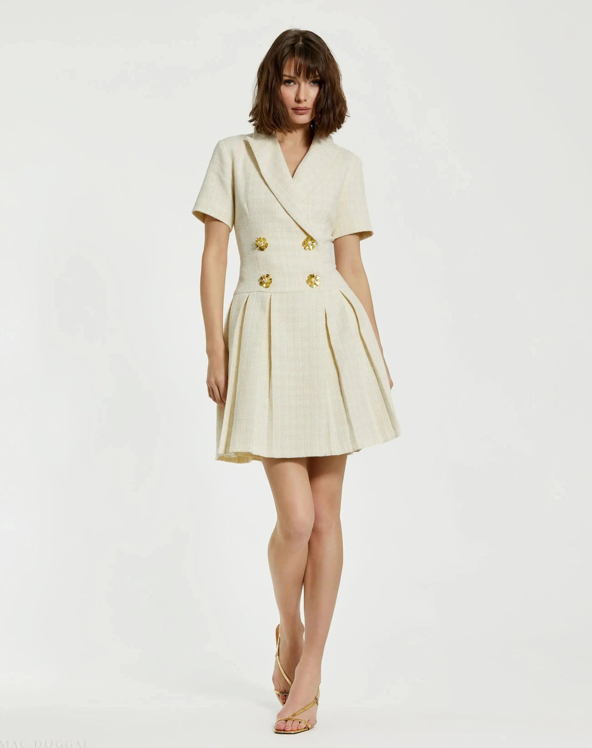 Women's White Mini Dress - White Floral Pleated