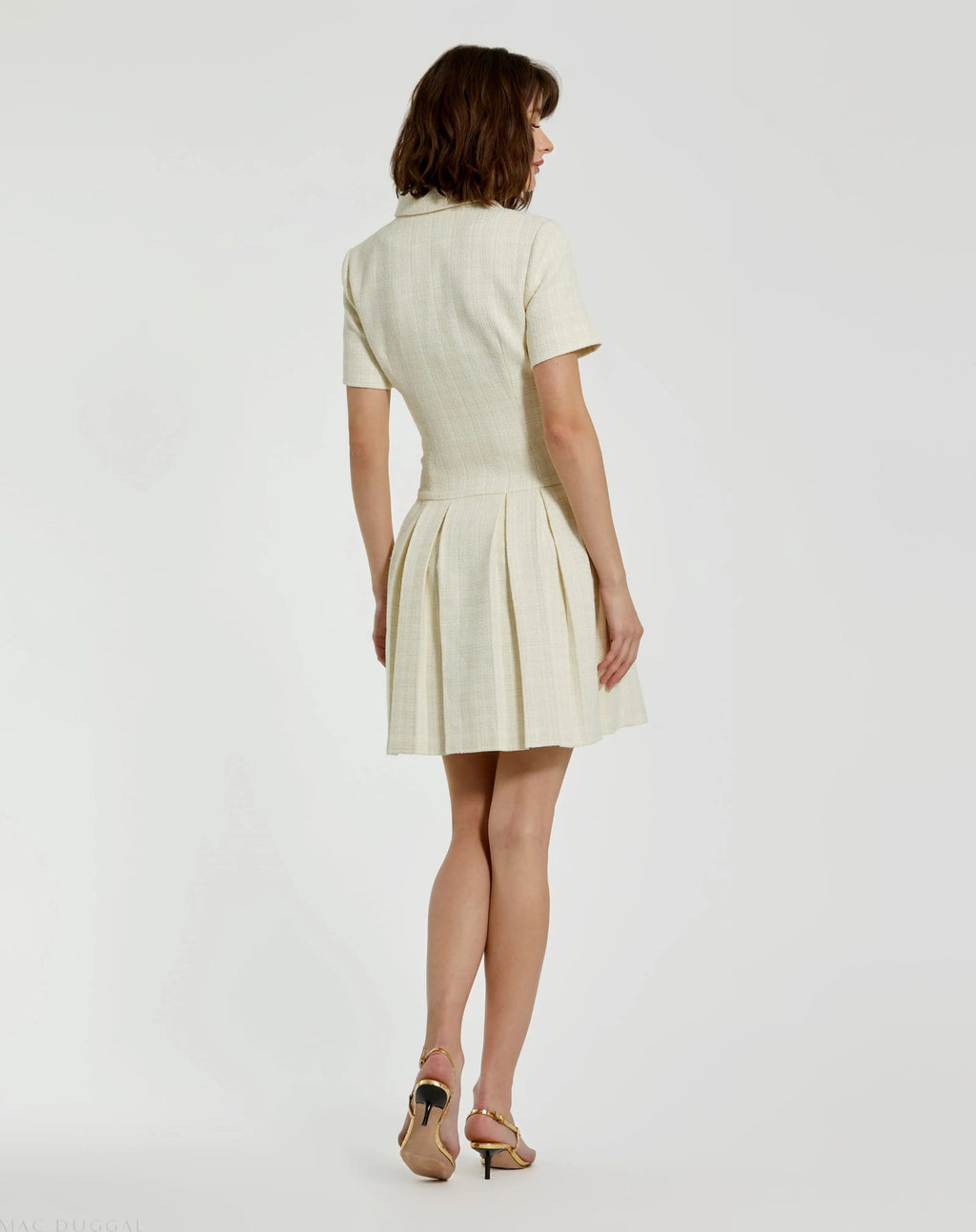 Women's White Mini Dress - White Floral Pleated