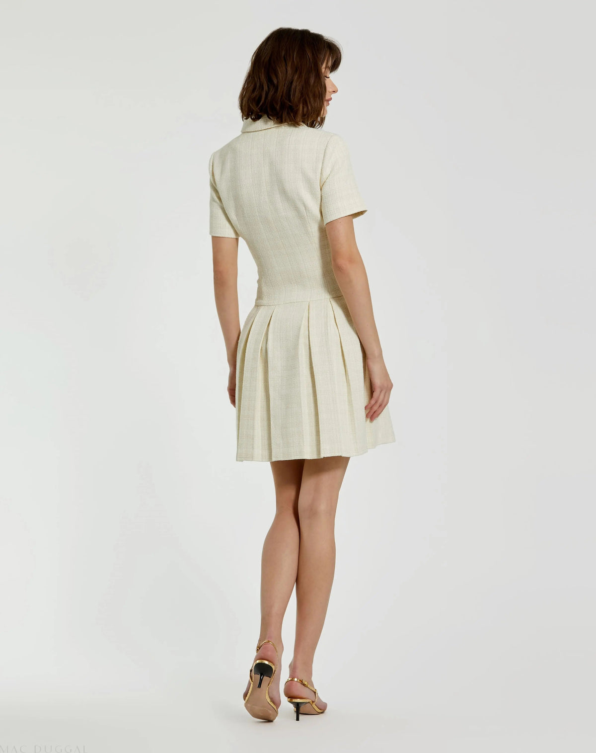 Women's White Mini Dress - White Floral Pleated