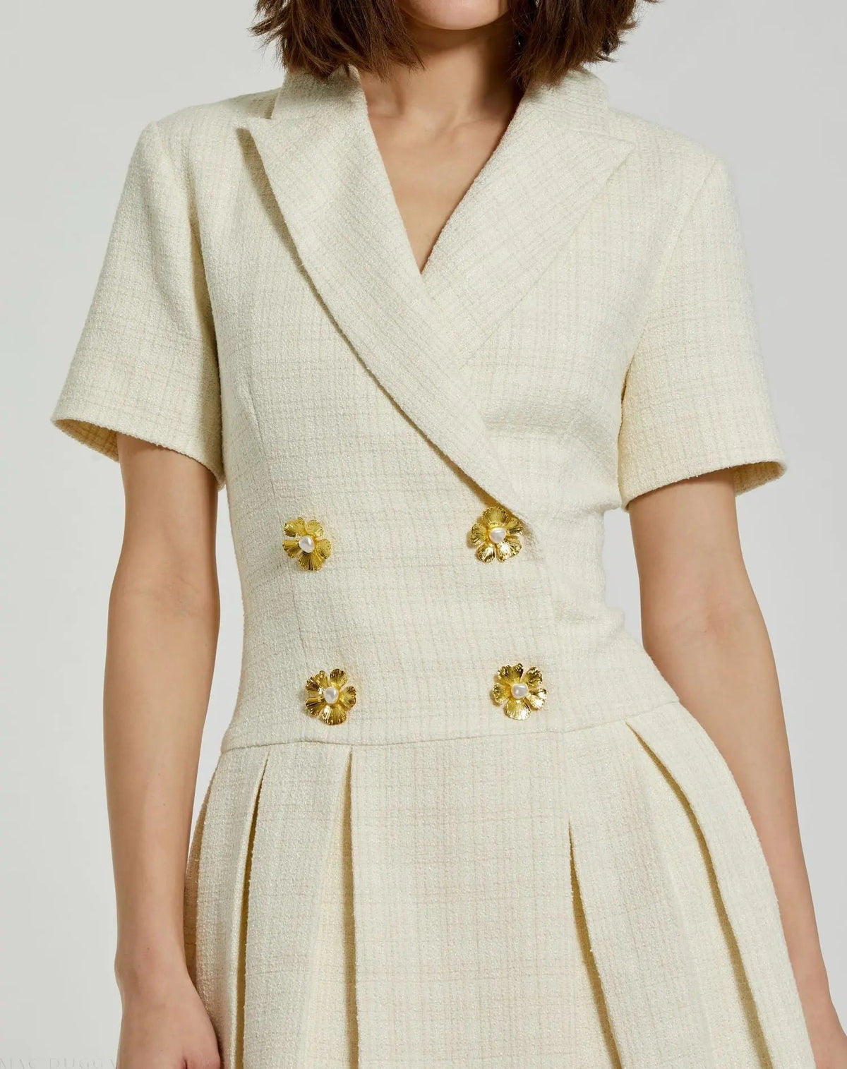 Women's White Mini Dress - White Floral Pleated