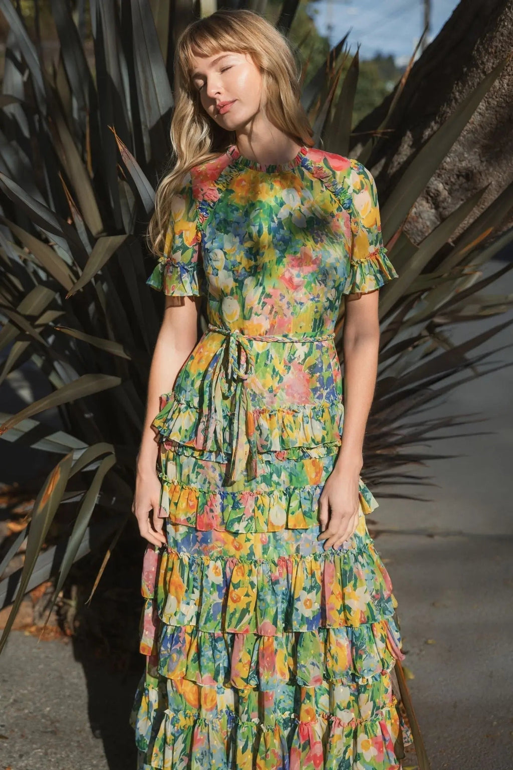 Women's Green Dress Floral - Green Ruffle Chiffon