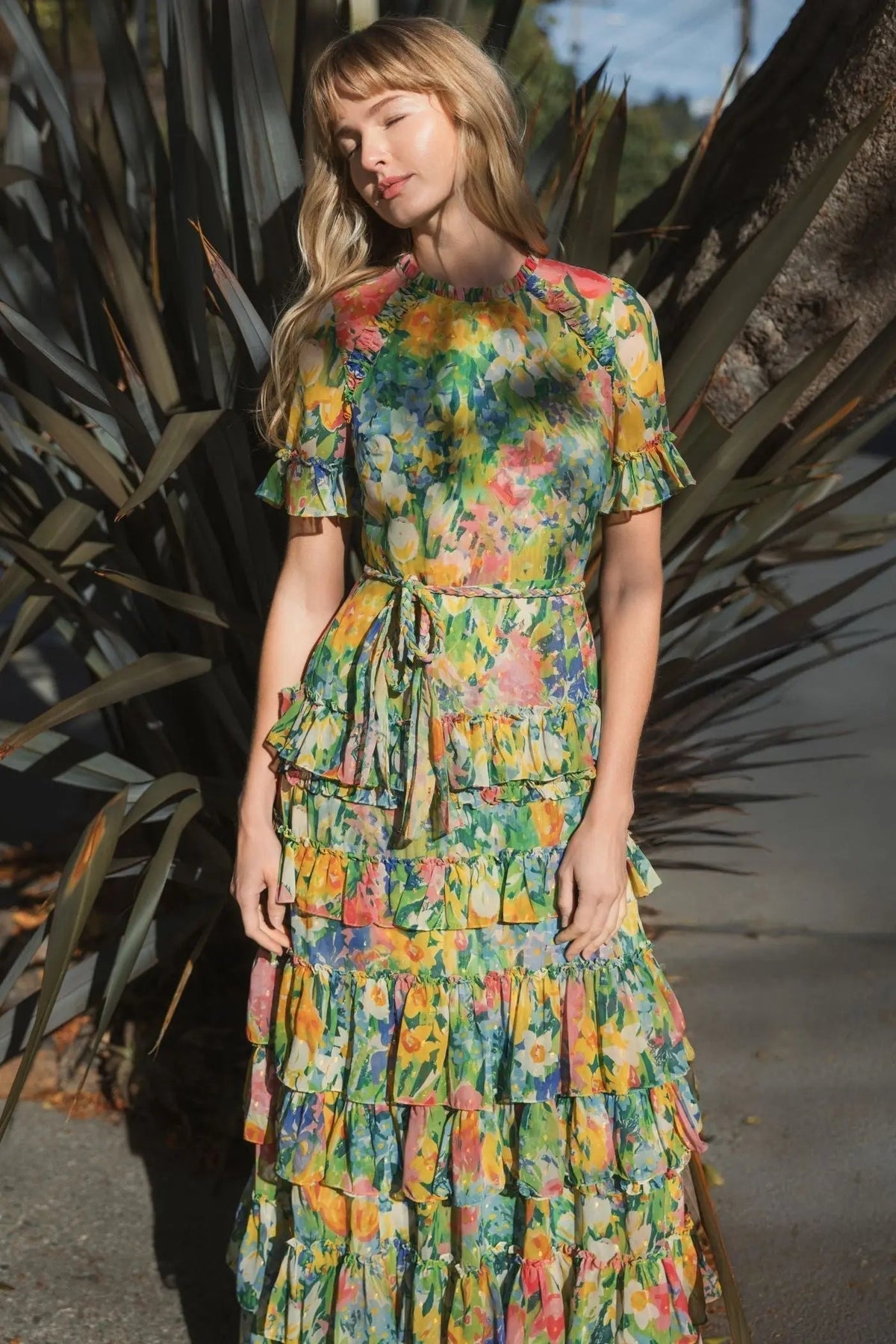 Women's Green Dress Floral - Green Ruffle Chiffon
