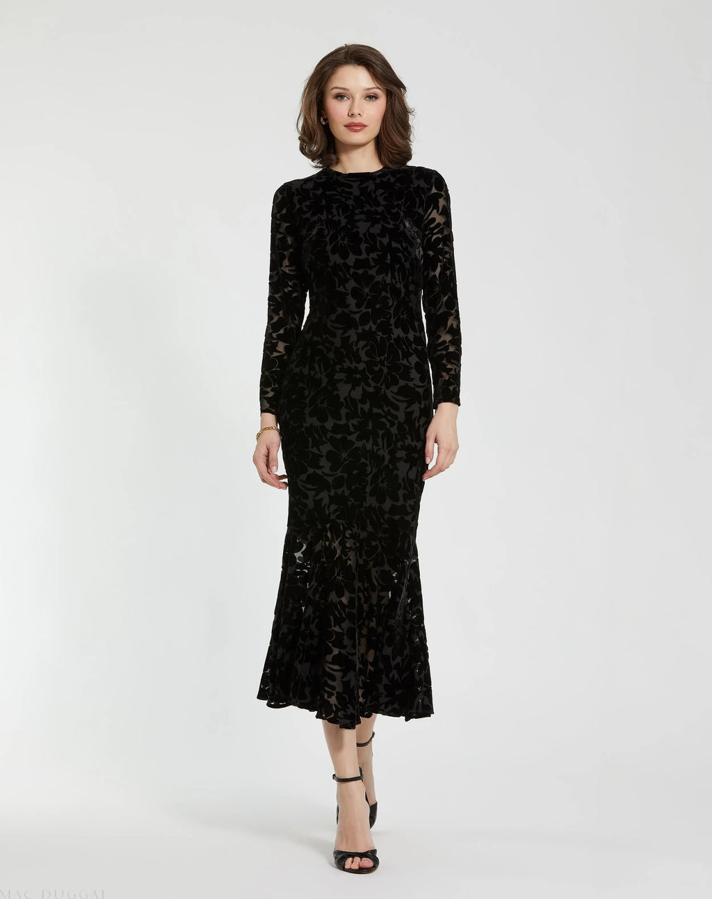 Women's Black Midi Dress Velvet - Black Ruffle