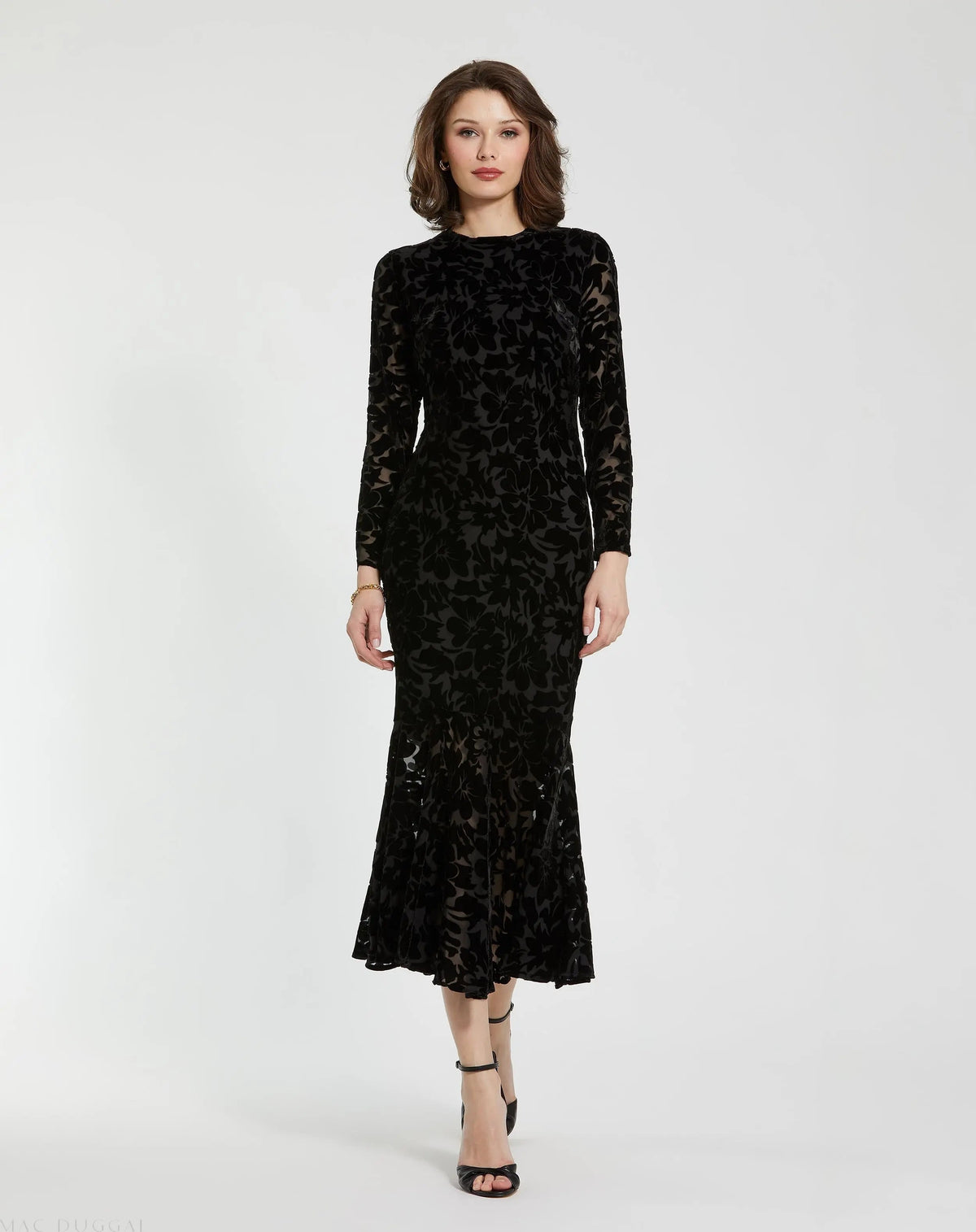 Women's Black Midi Dress Velvet - Black Ruffle