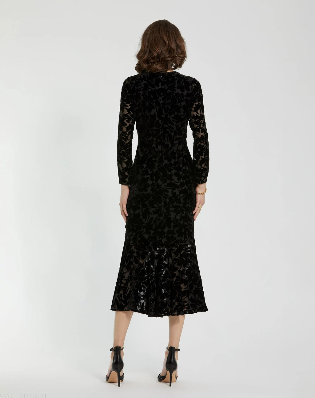 Women's Black Midi Dress Velvet - Black Ruffle