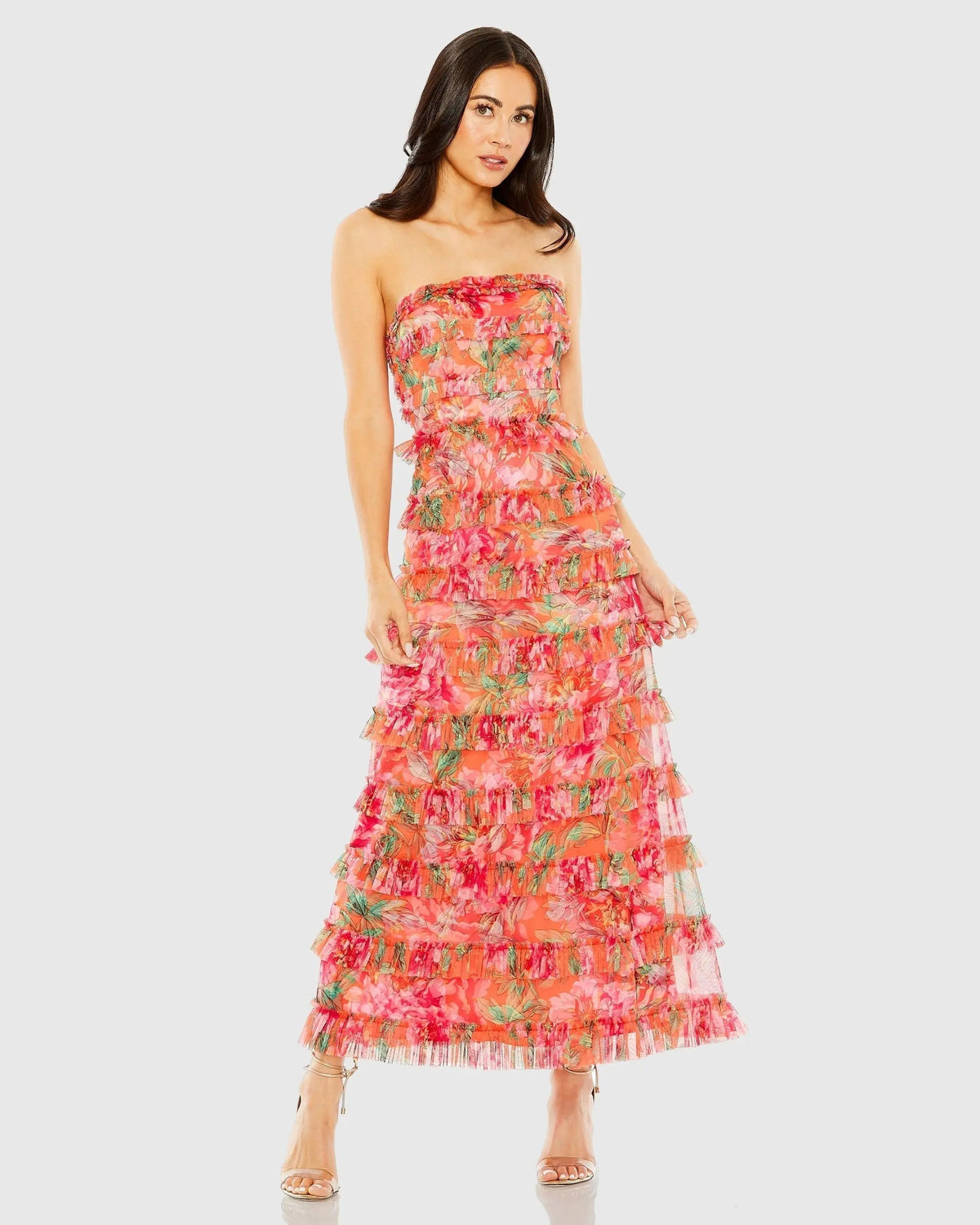 Women's Dress Floral Strapless - Orange Ruffle Mesh