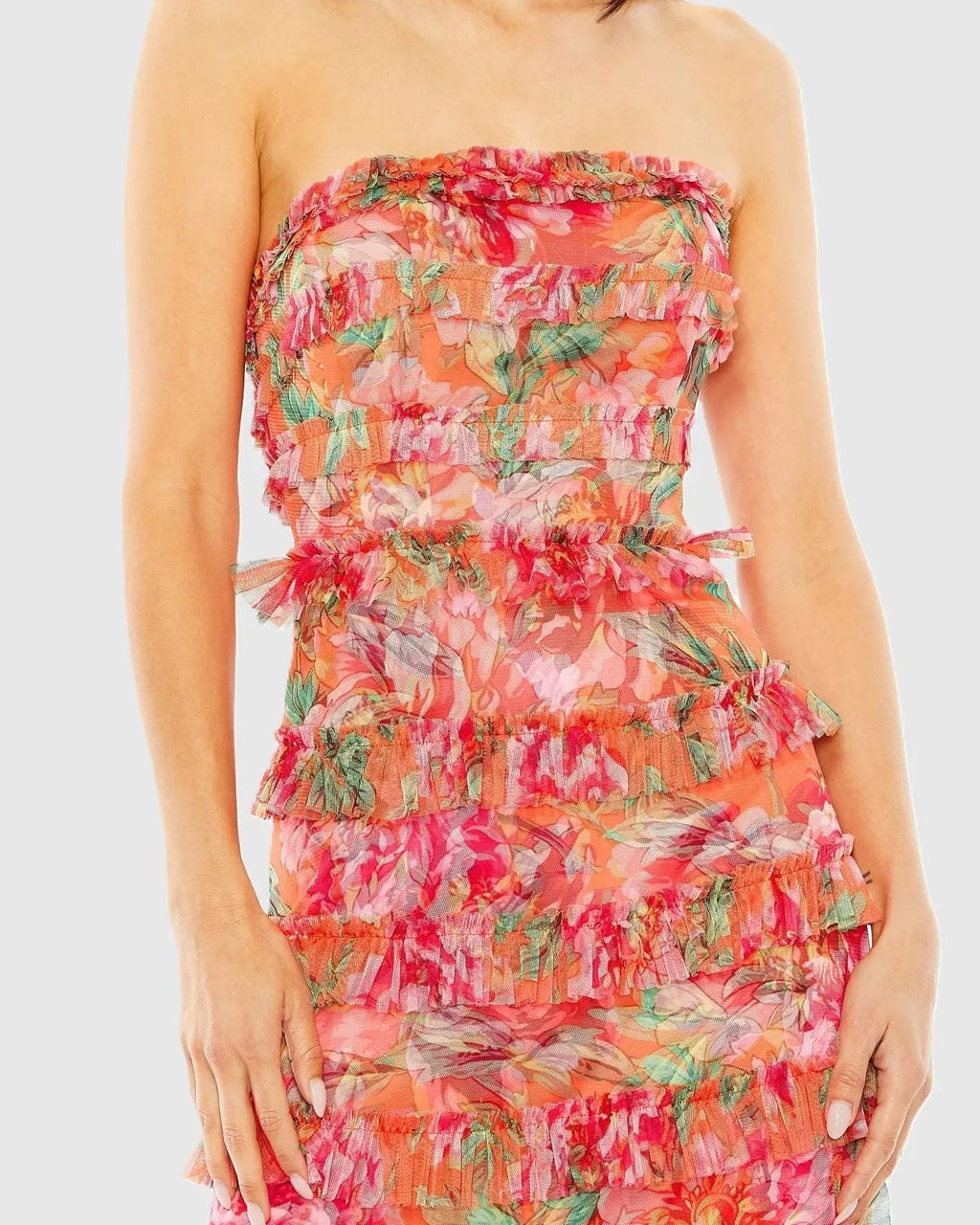 Women's Dress Floral Strapless - Orange Ruffle Mesh