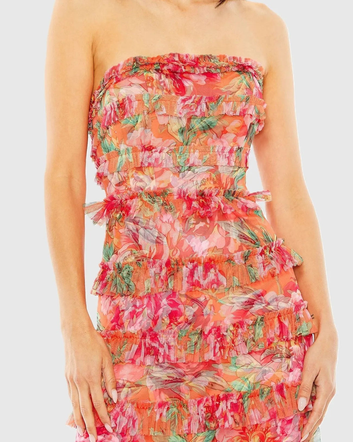 Women's Dress Floral Strapless - Orange Ruffle Mesh