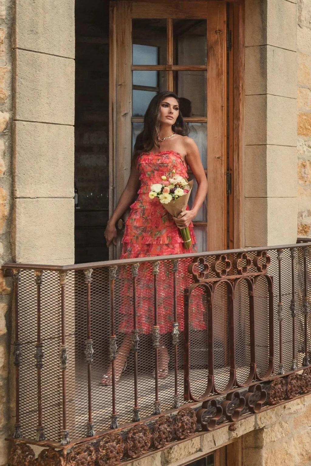 Women's Dress Floral Strapless - Orange Ruffle Mesh