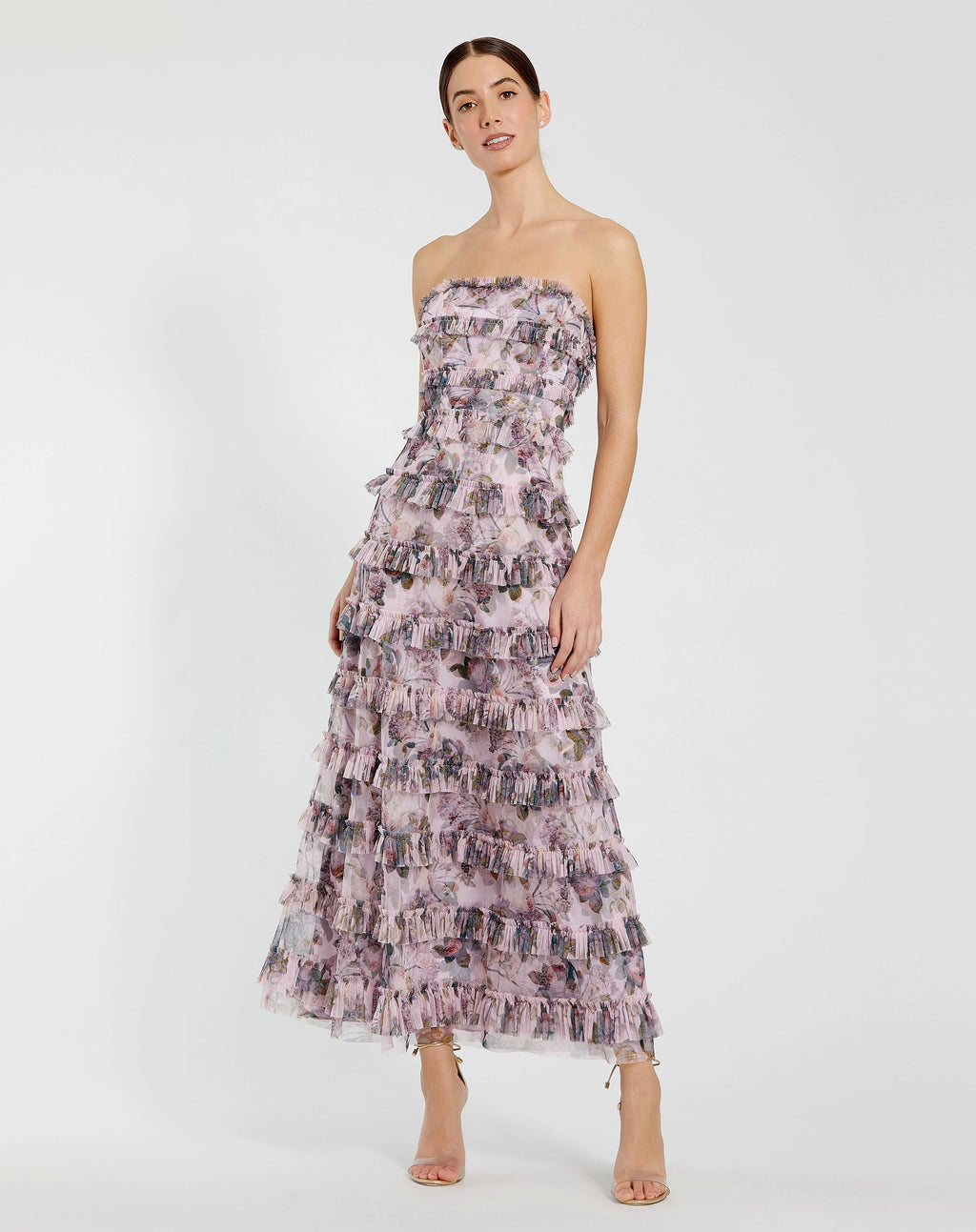 Women's Purple Dress Strapless - Purple Floral Ruffle