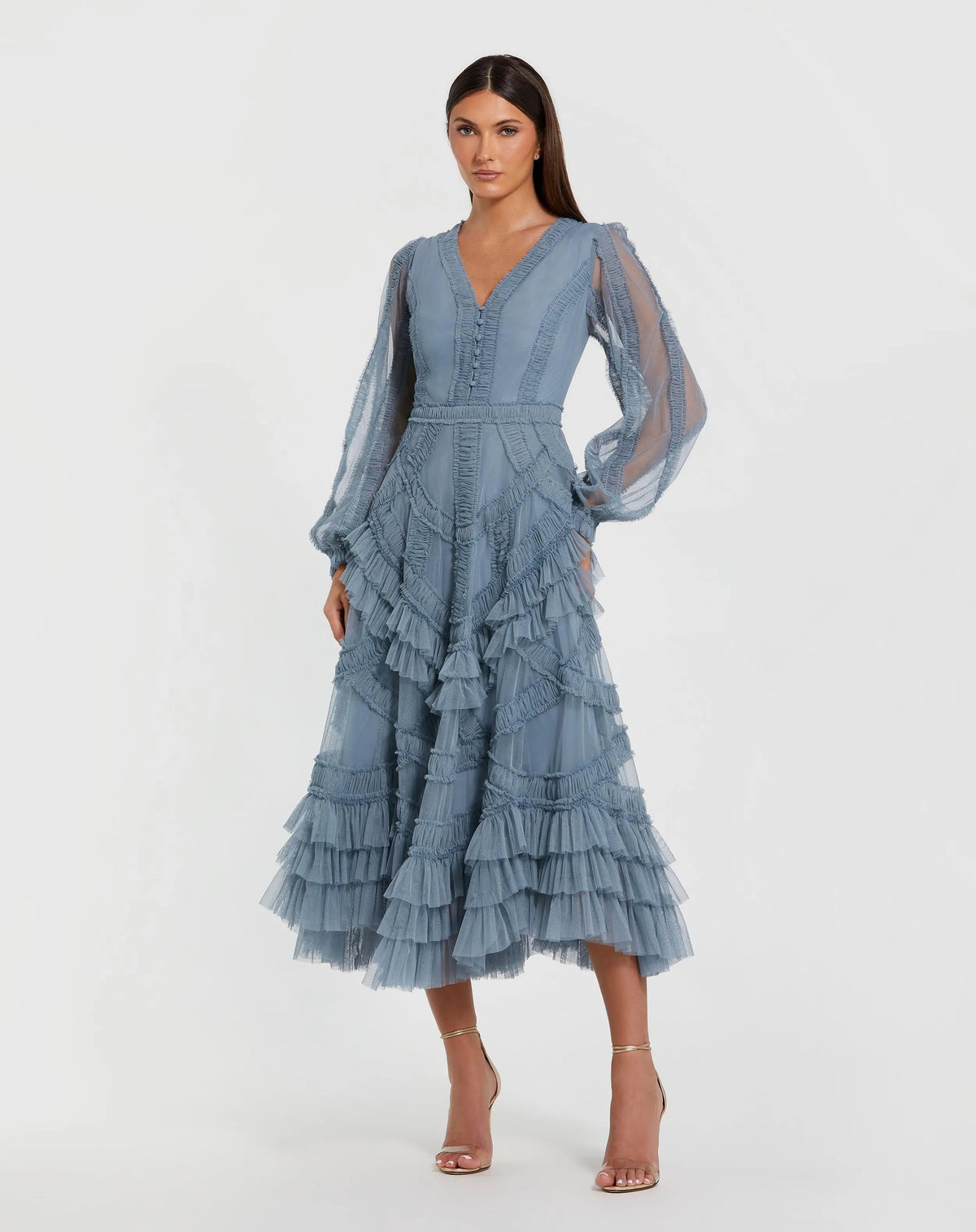 Women's Blue Midi Dress - Blue Ruffle Mesh