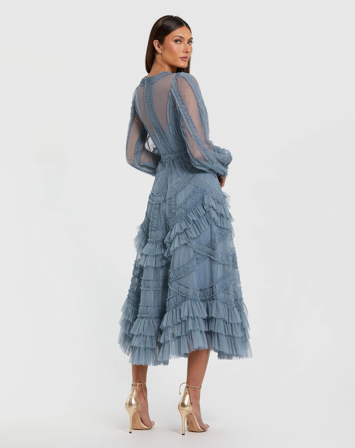Women's Blue Midi Dress - Blue Ruffle Mesh