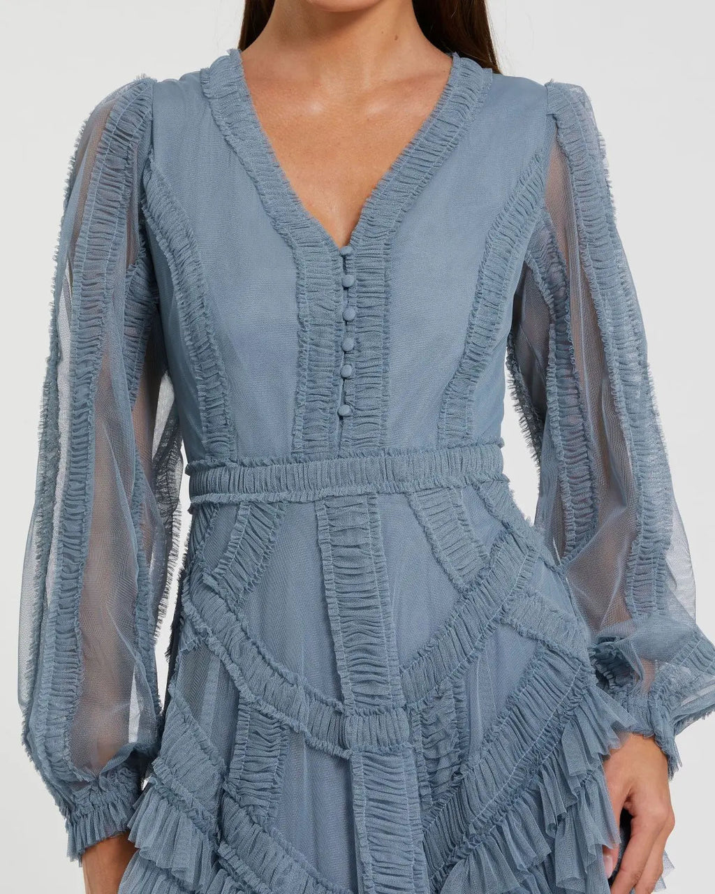 Women's Blue Midi Dress - Blue Ruffle Mesh