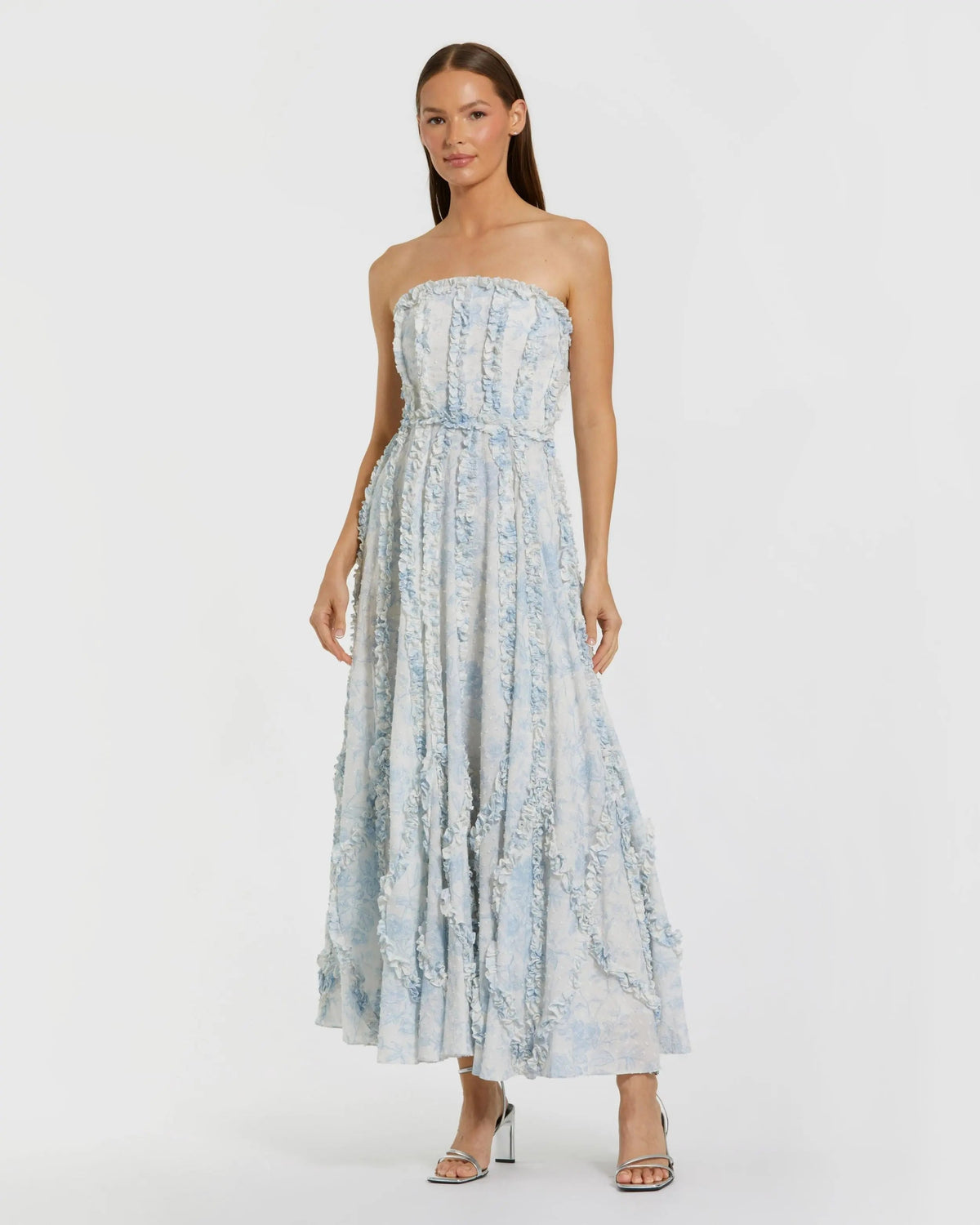 Women's White Midi Dress Floral Strapless - White Ruffle