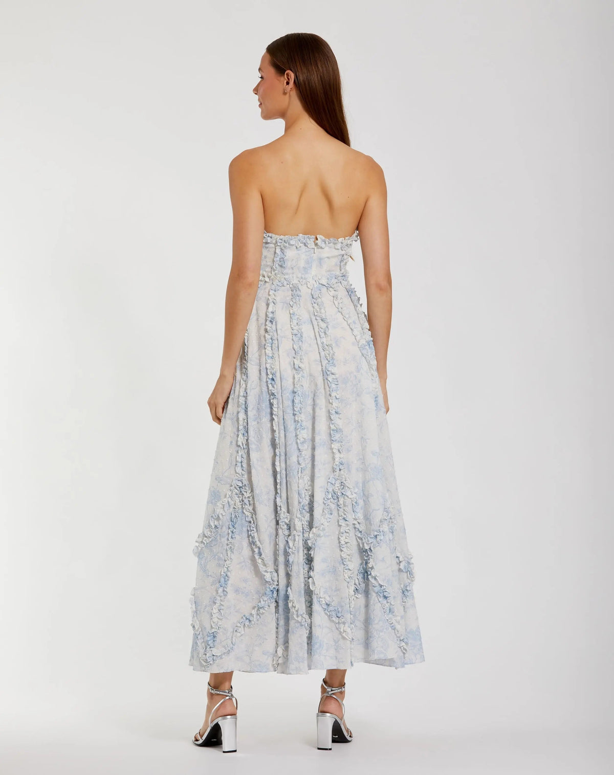 Women's White Midi Dress Floral Strapless - White Ruffle
