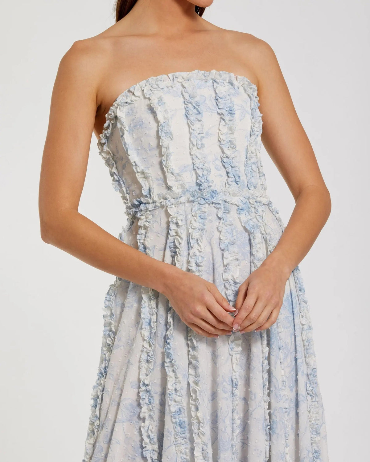 Women's White Midi Dress Floral Strapless - White Ruffle
