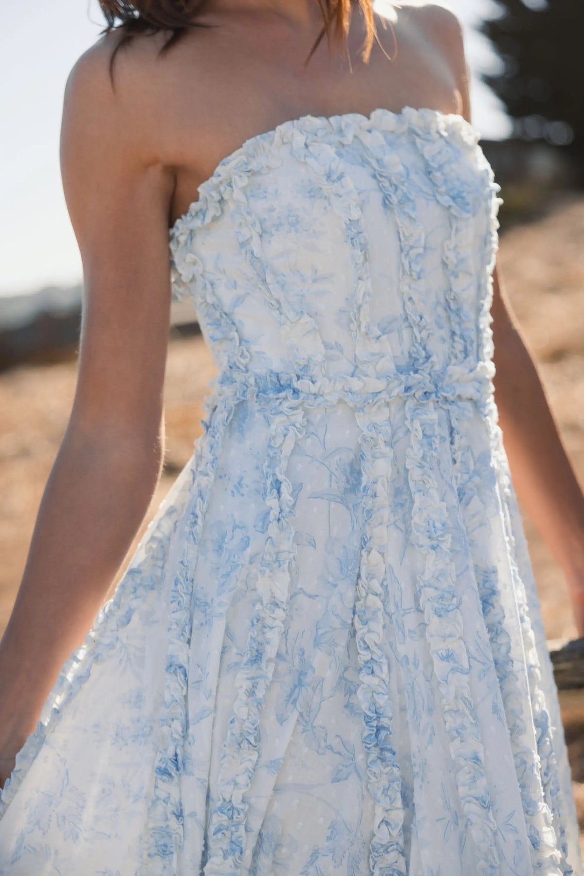 Women's White Midi Dress Floral Strapless - White Ruffle