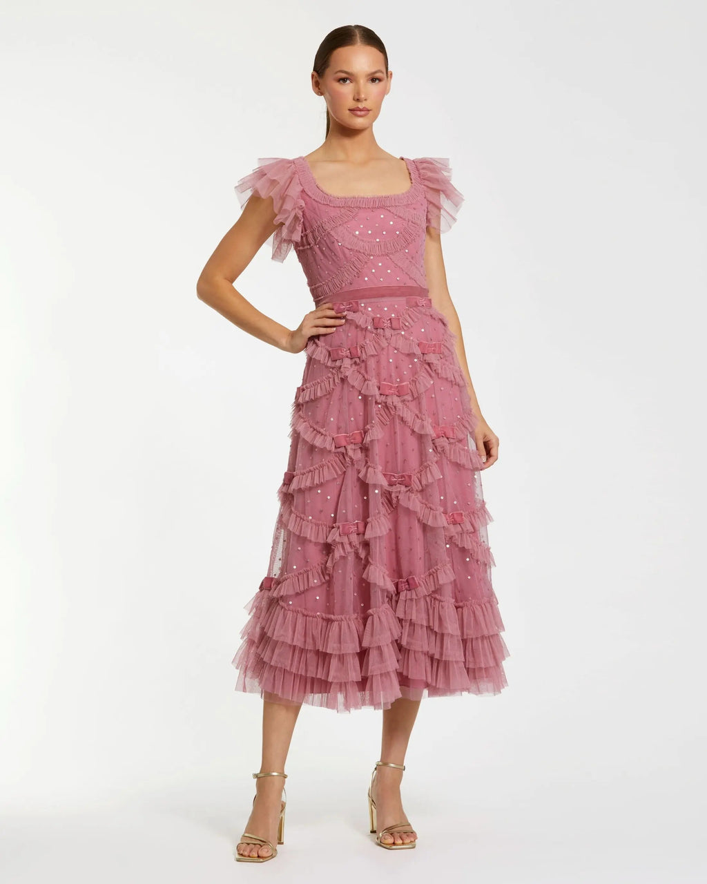 Women's Pink Midi Dress Sequin - Pink Ruffle Velvet