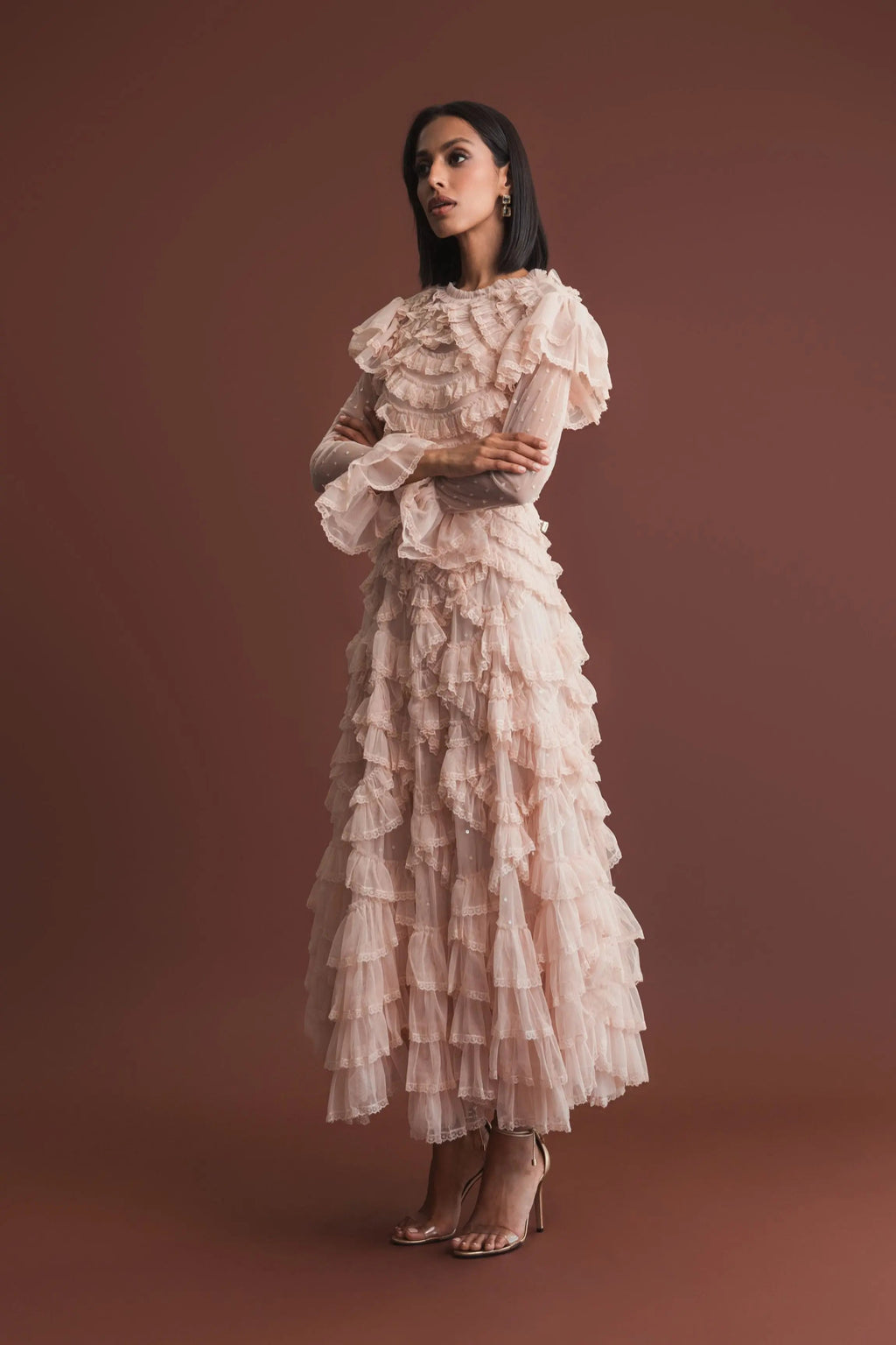 Women's Pink Midi Dress - Pink Ruffle