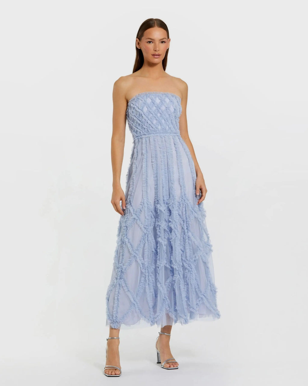 Women's Blue Midi Dress Strapless - Blue Ruffle Mesh