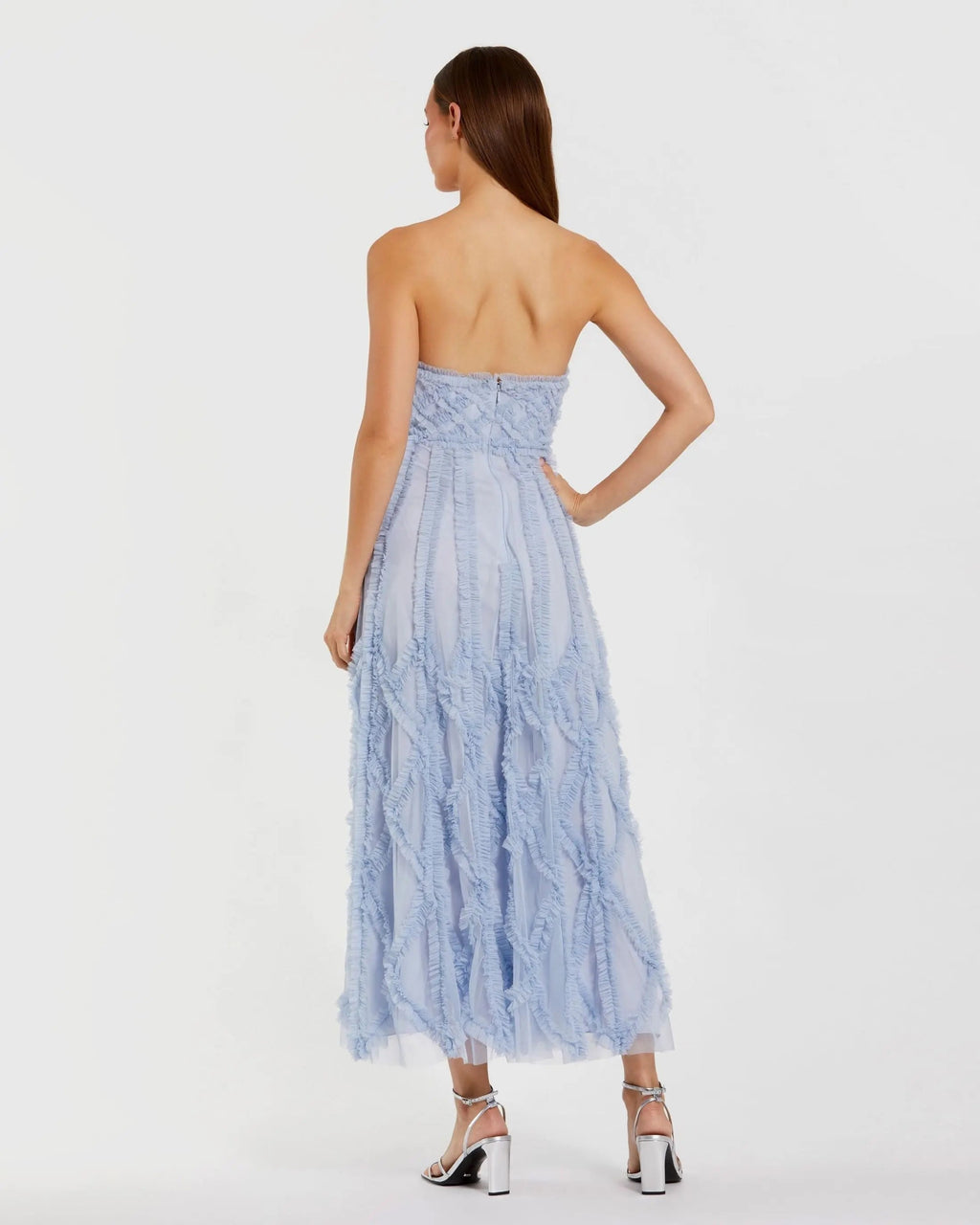 Women's Blue Midi Dress Strapless - Blue Ruffle Mesh