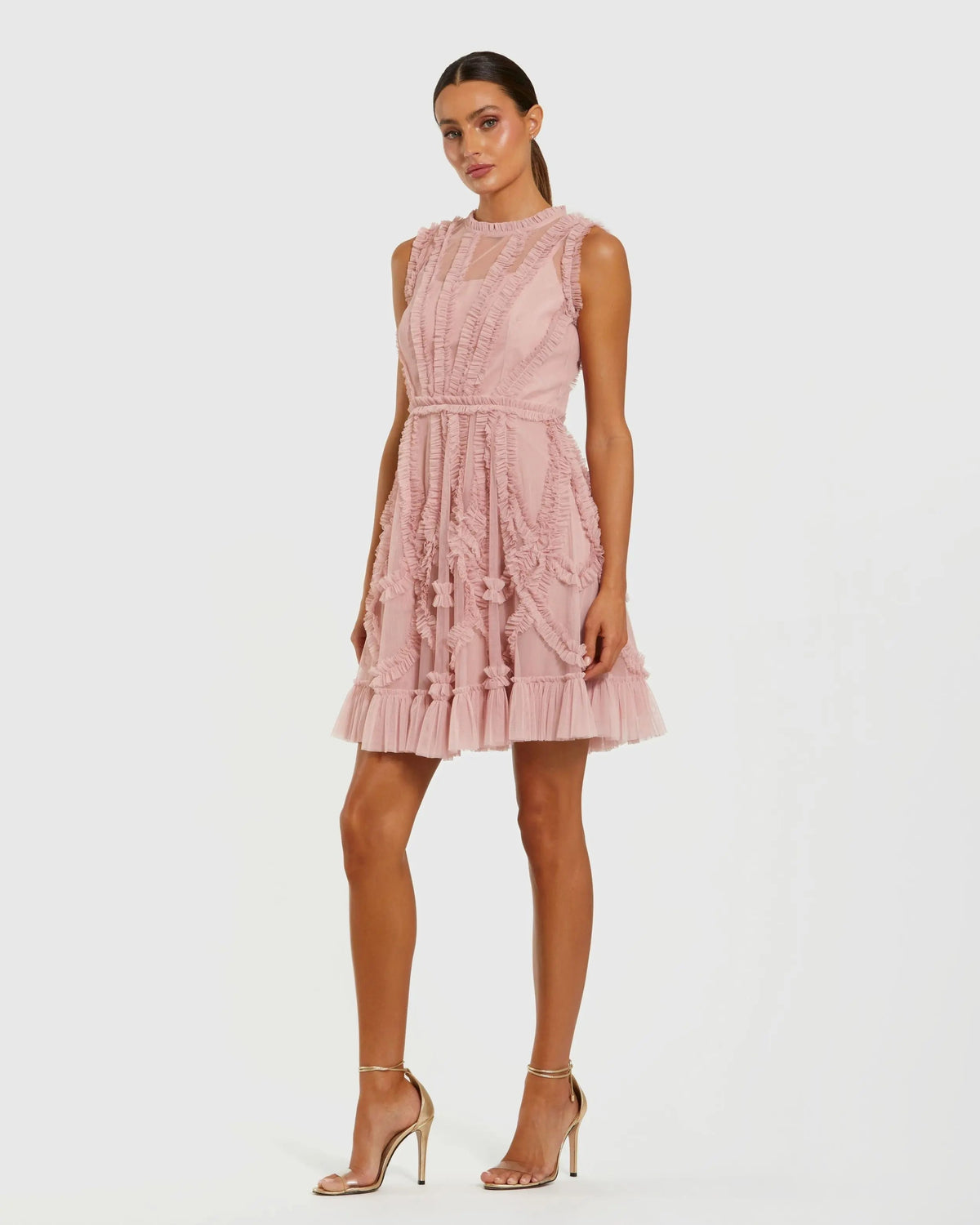 Women's Pink Mini Dress Sleeveless - Pink Ruffle Mesh