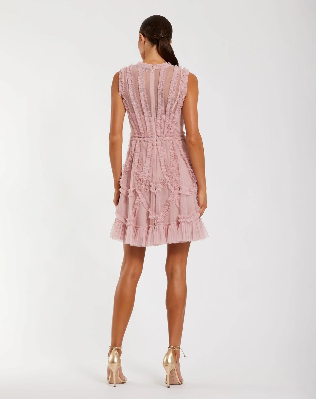 Women's Pink Mini Dress Sleeveless - Pink Ruffle Mesh
